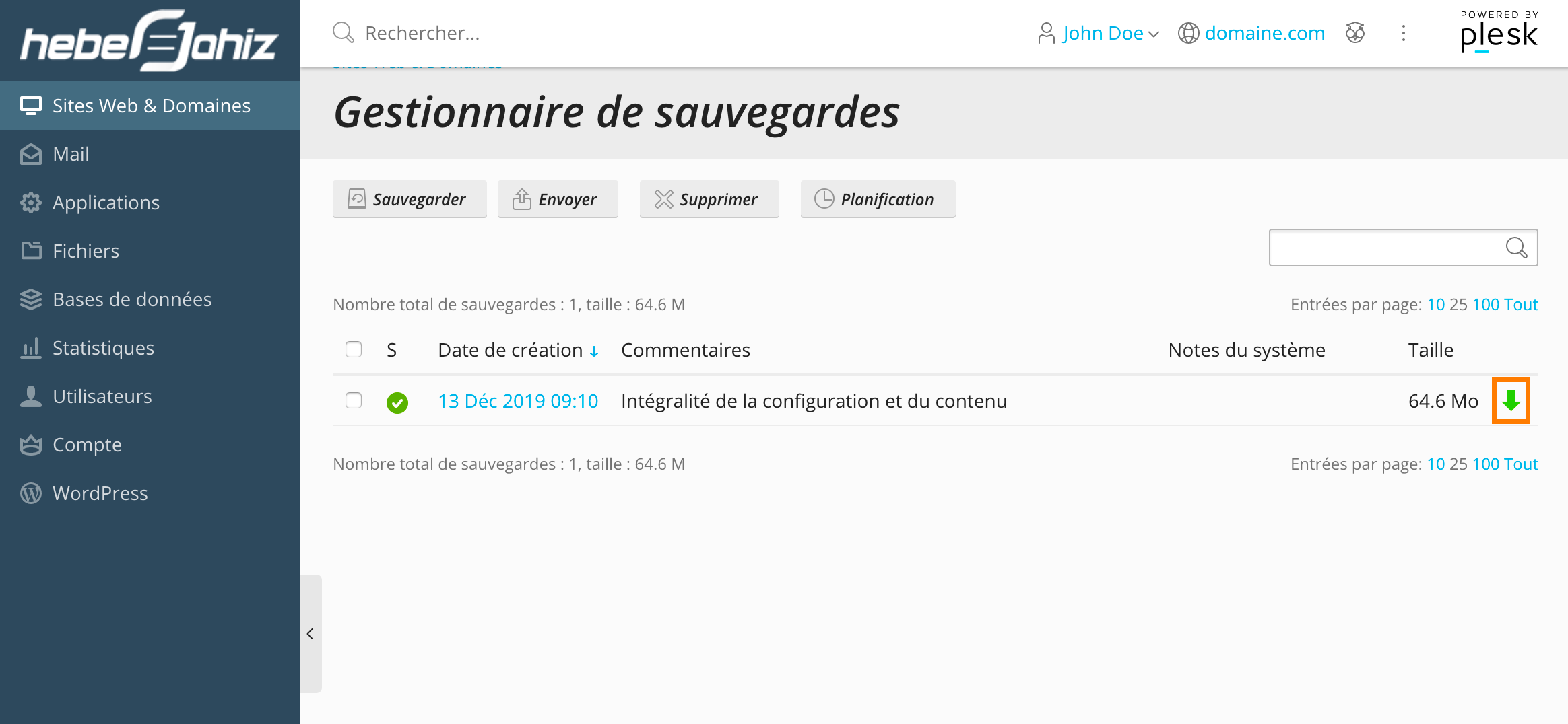 Plesk : Télécharger Sauvegarde