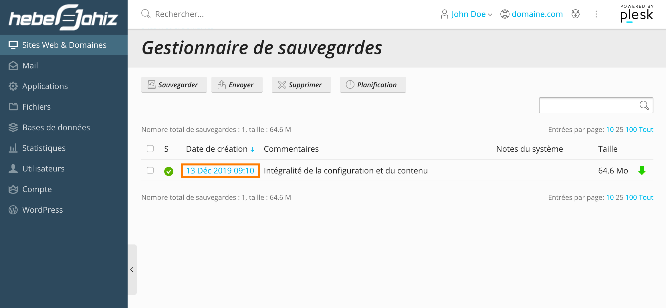 Plesk : Restauration fichier de sauvegarde