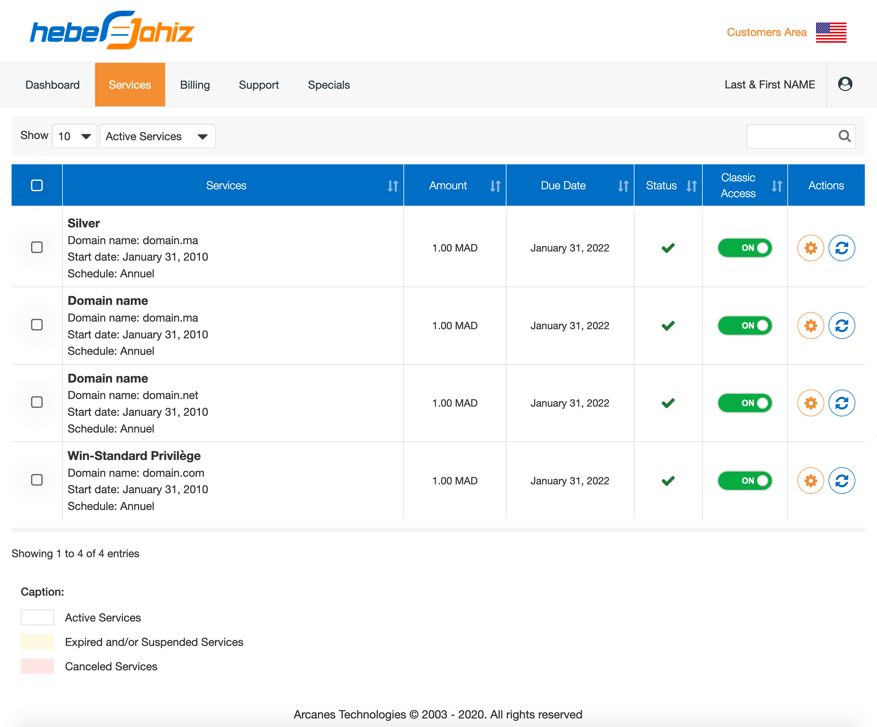 Customers Area : Manage Services