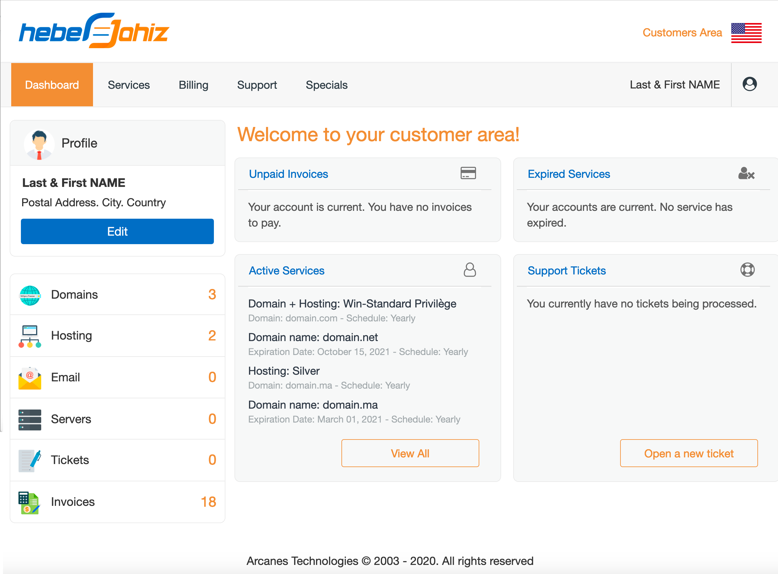 Customers Area : Dashboard