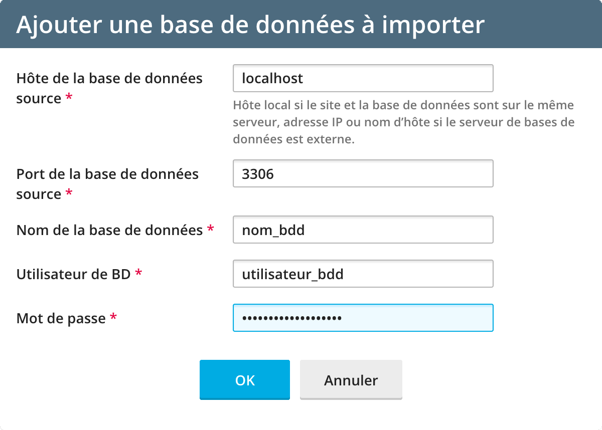 Plesk : Paramètres BDD à importer