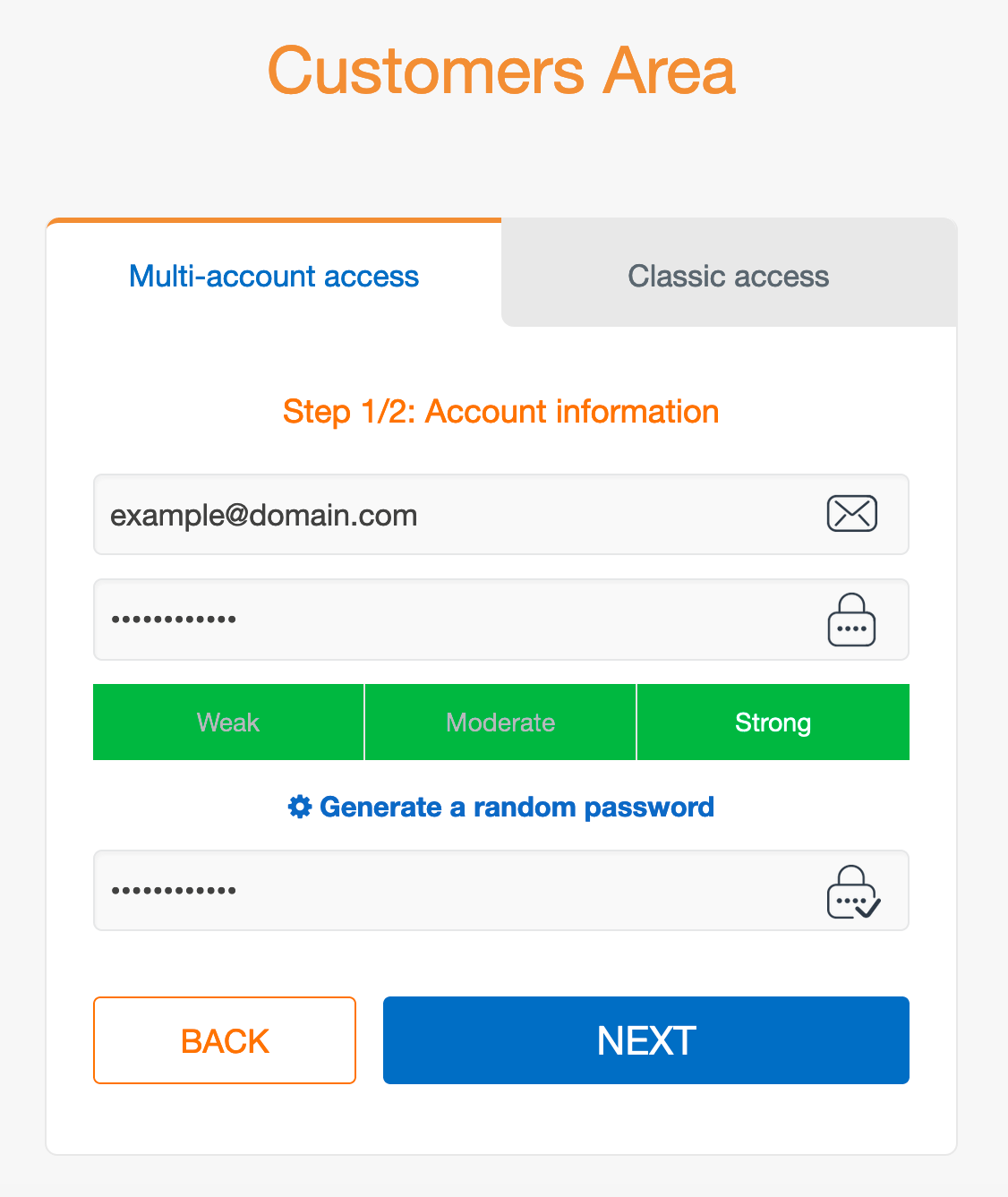Customers Area : Account Credentials