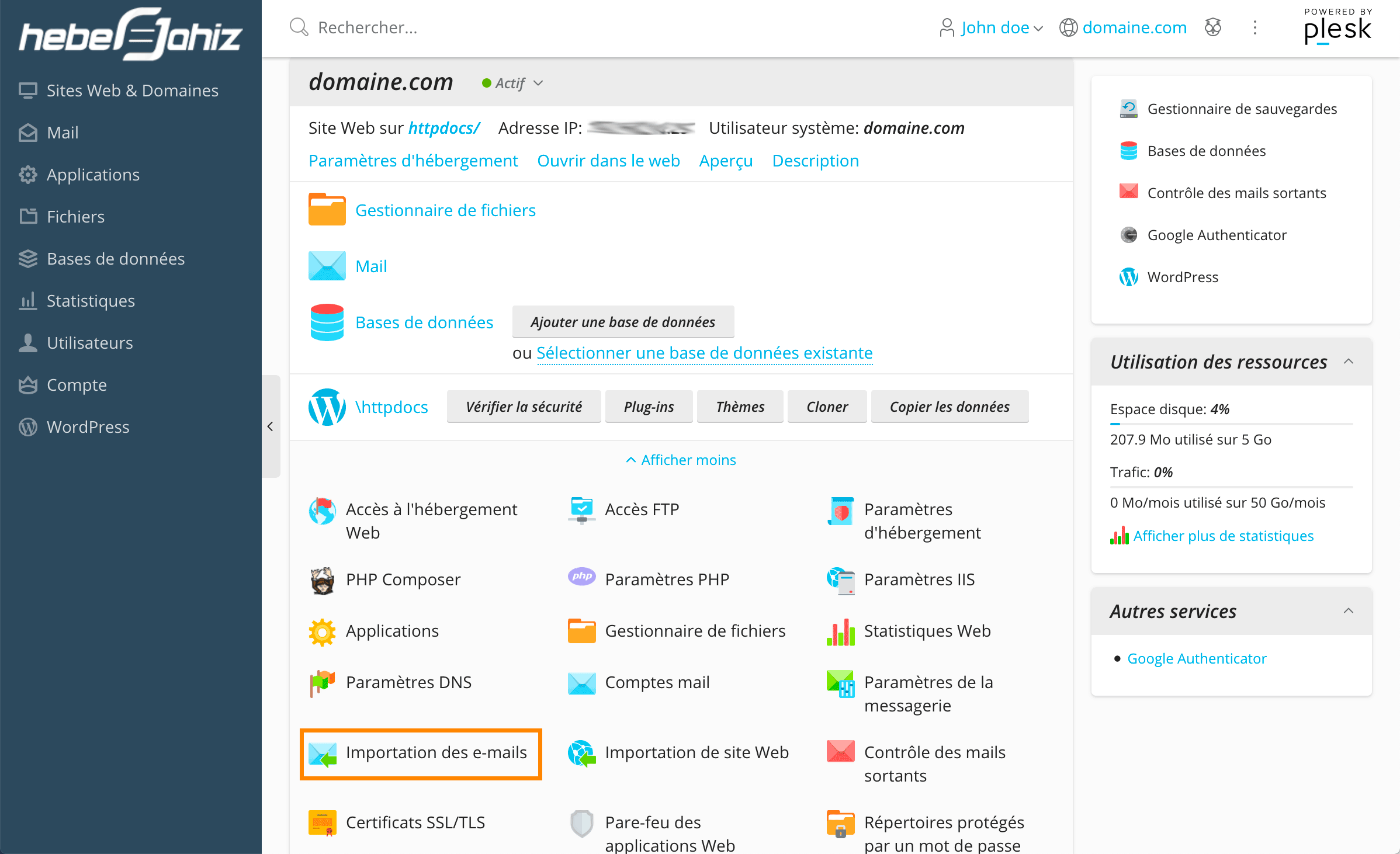 Plesk : Importation des E-mails