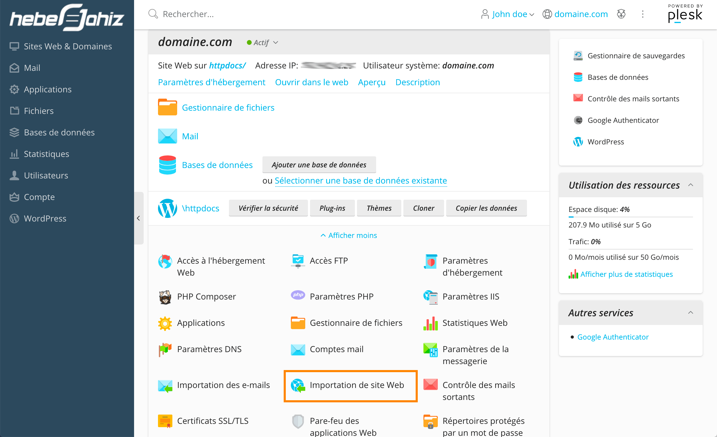 Plesk : Importation Site Web