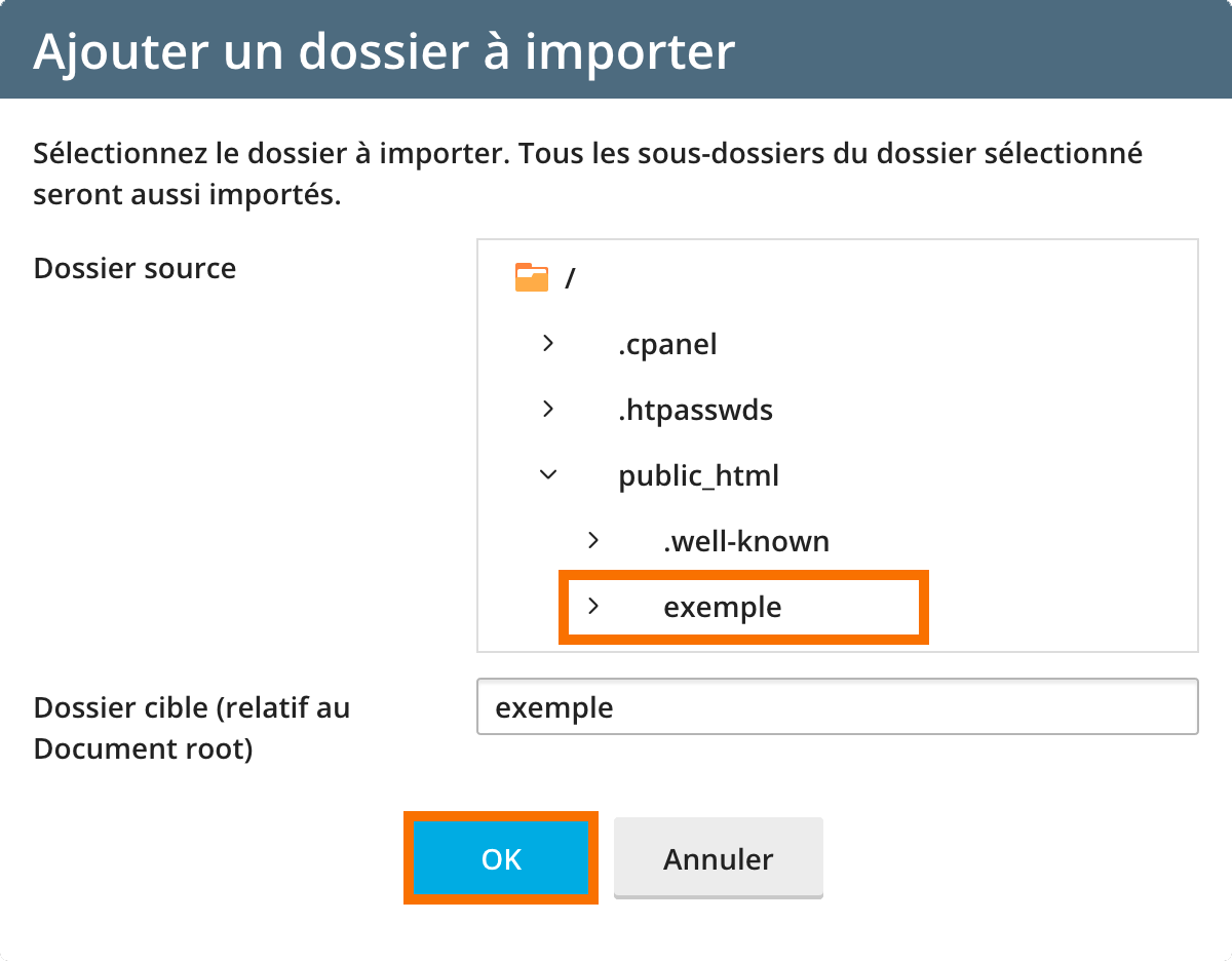 Plesk : Sélection du contenu du dossier à importer
