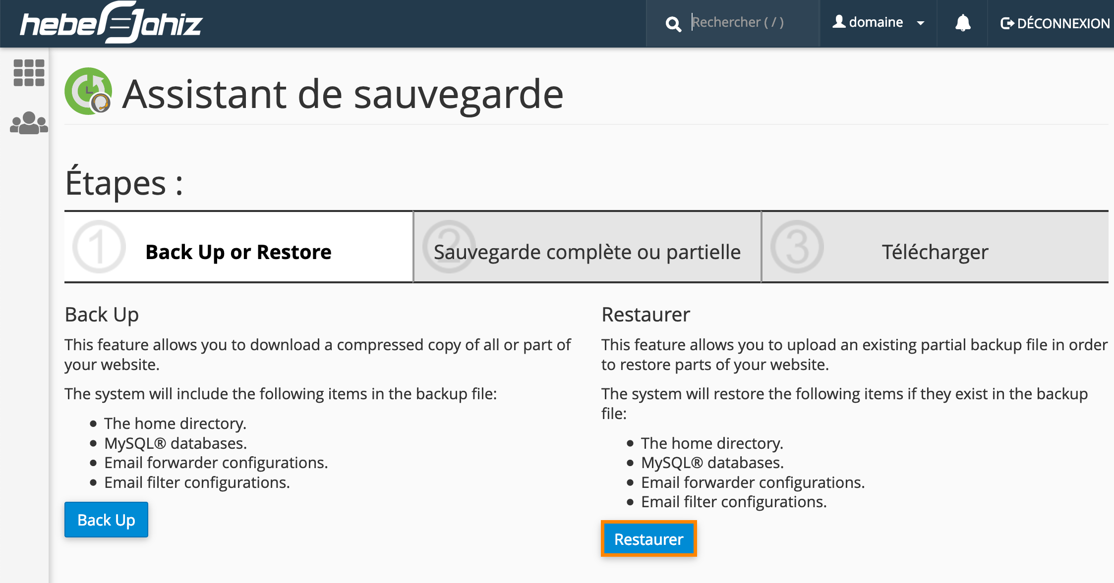 cPanel : Restauration