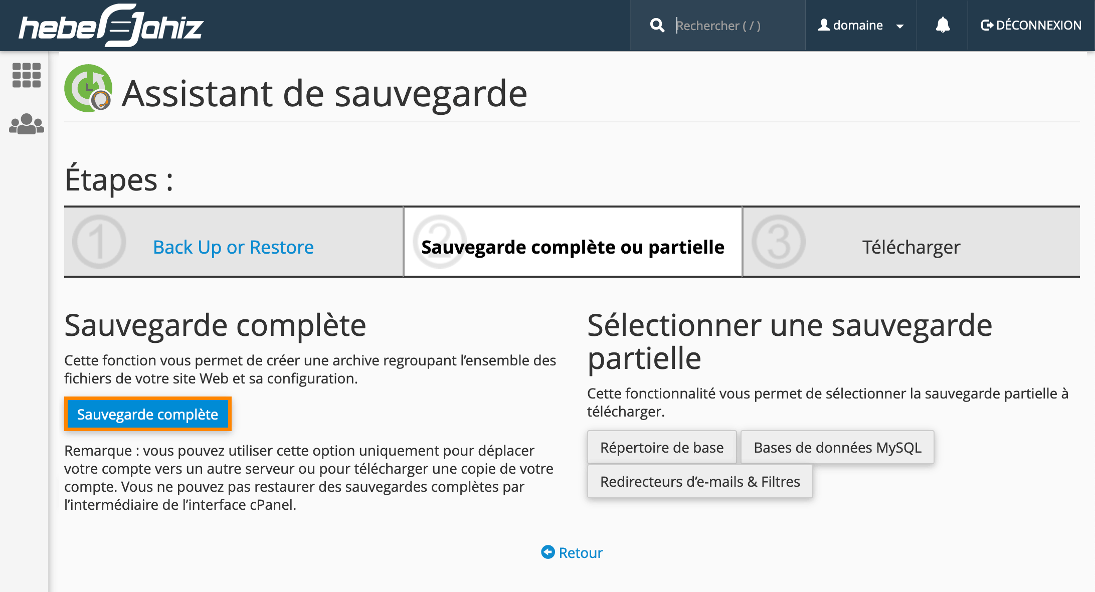 cPanel : Sauvegarde complète
