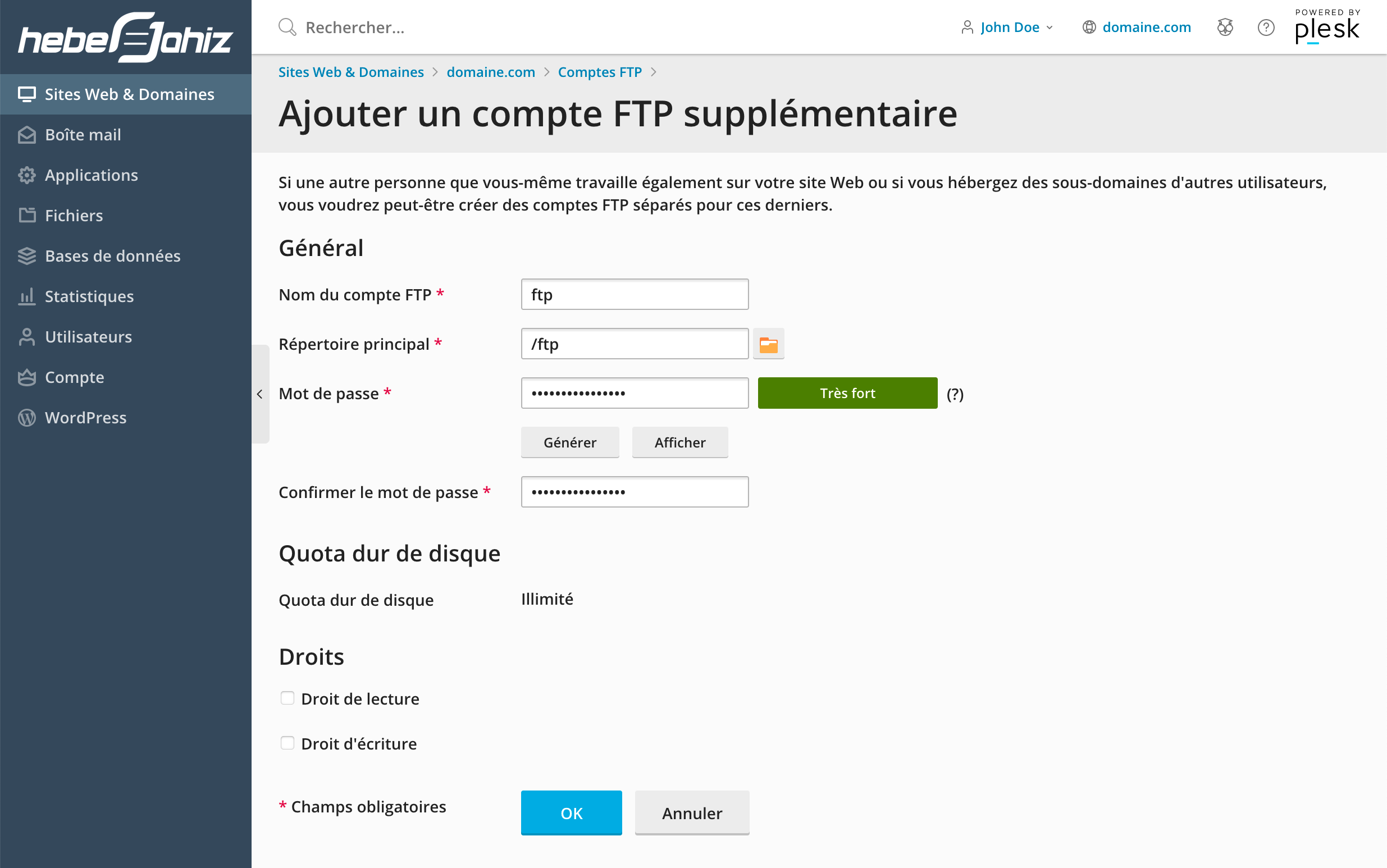 Plesk : Informations nouveau compte FTP
