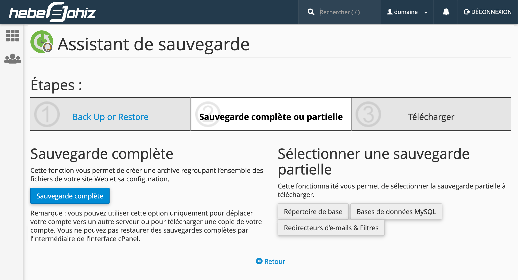 cPanel : Sauvegarde complète vs partielle