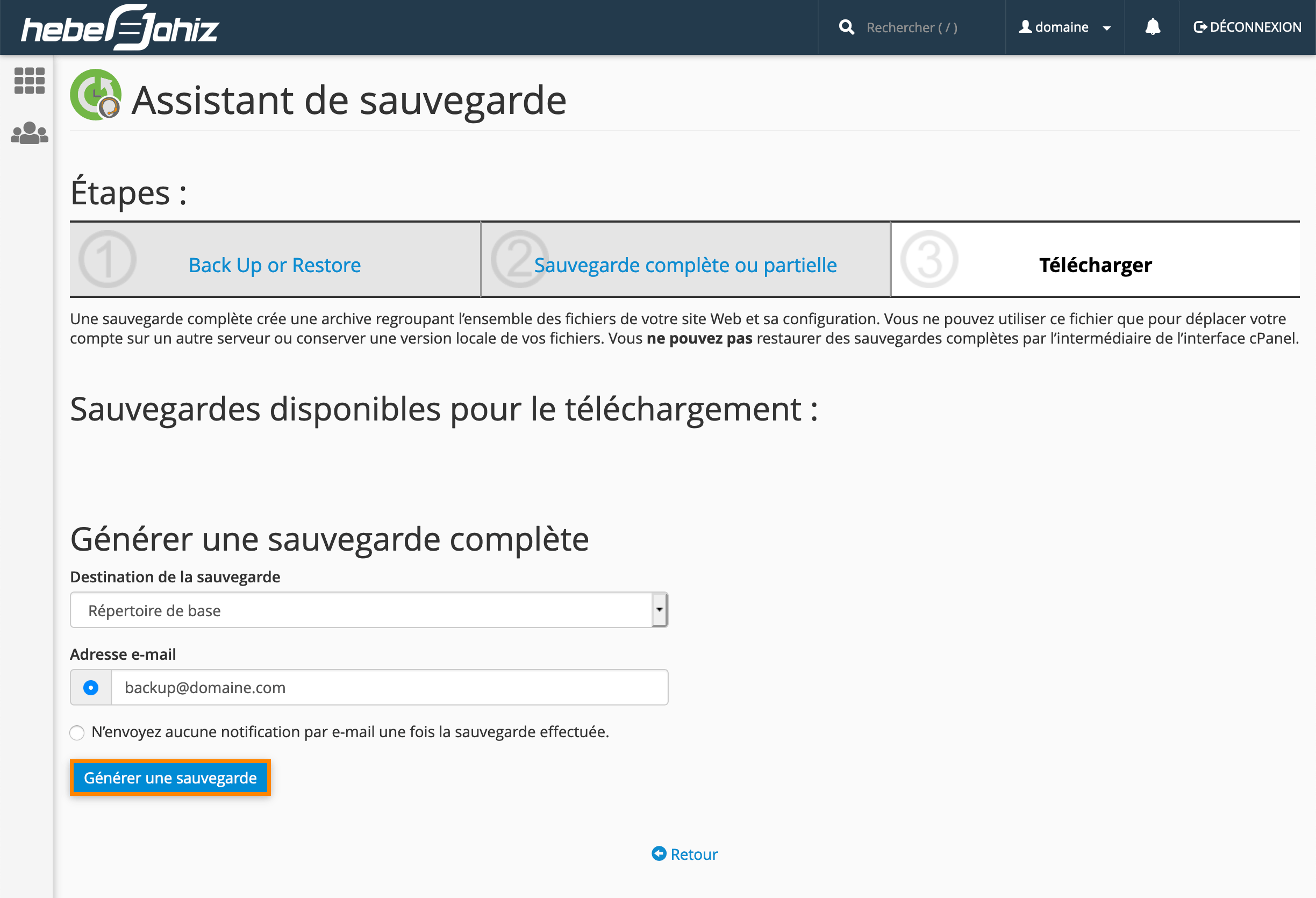 cPanel : Générer une sauvegarde complète