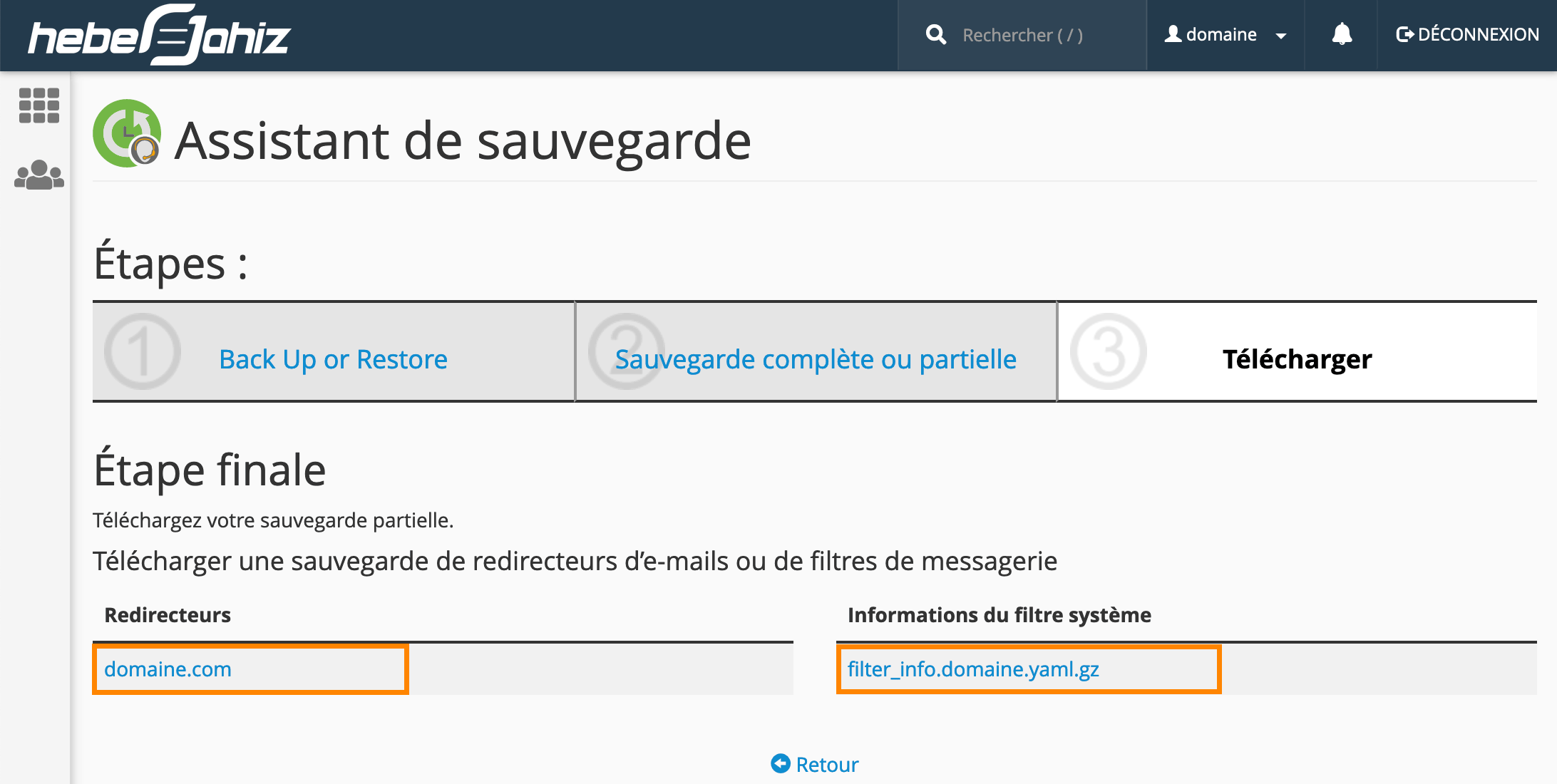 cPanel : Sauvegarde du filtre/redireteur disponible