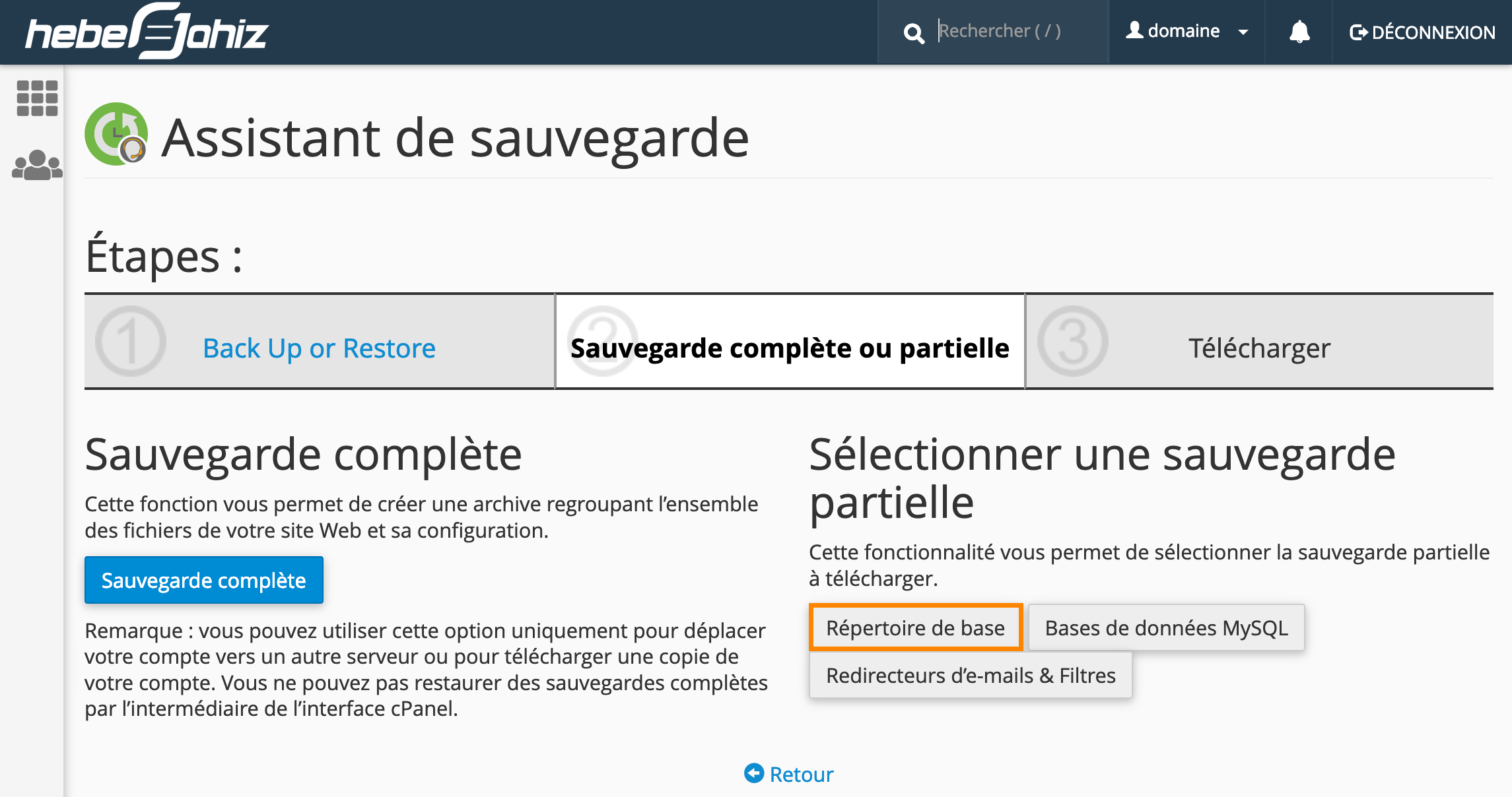 cPanel : Sauvegarde partielle