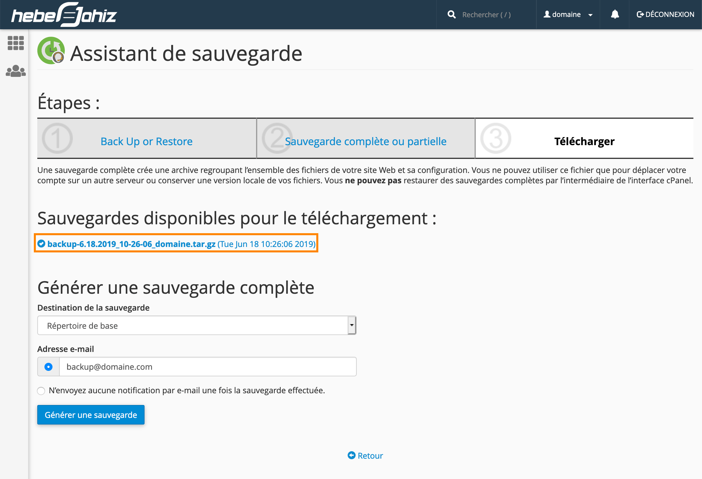 cPanel : Télécharger la sauvegarde complète
