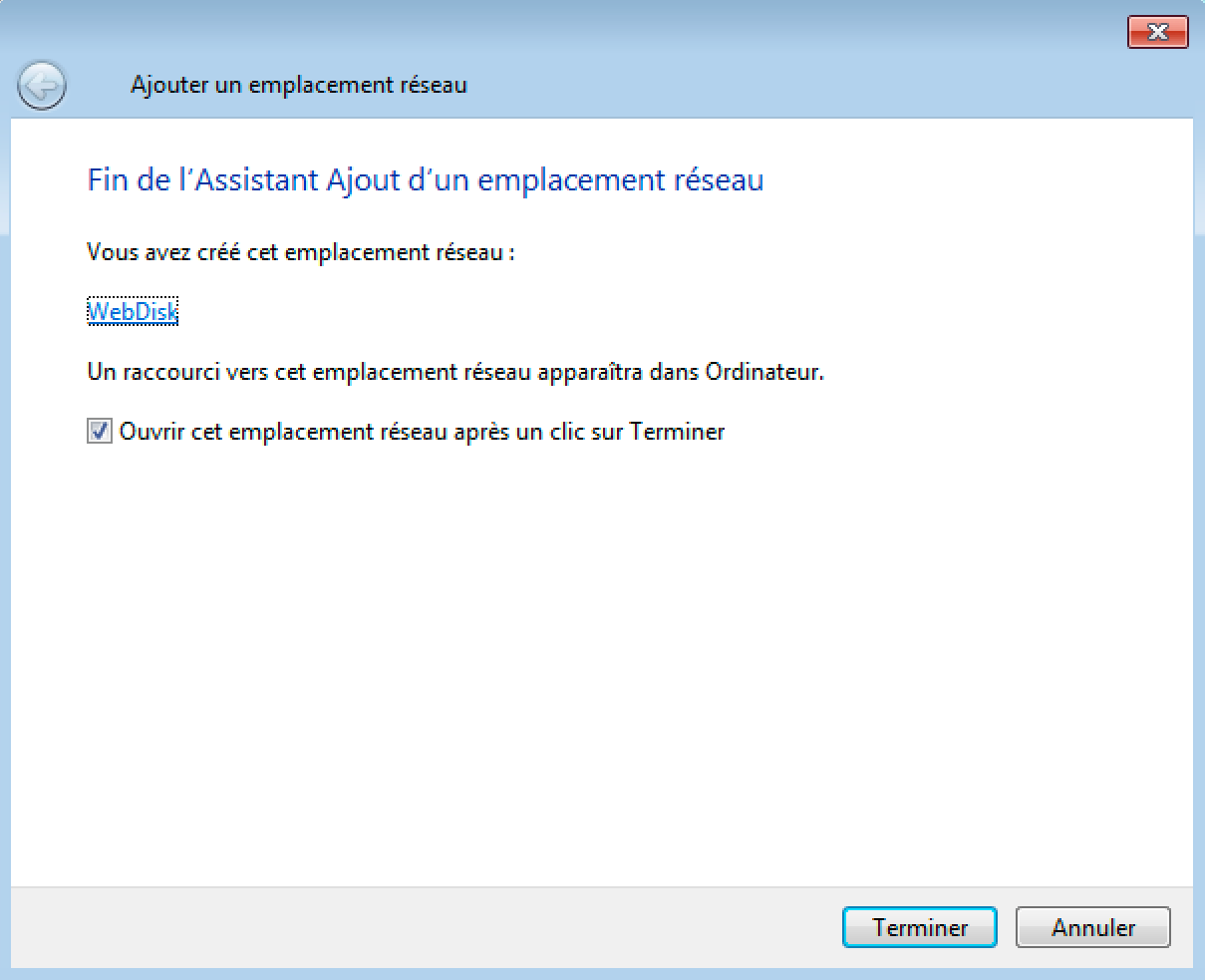 Configuration Web Disk sur Windows : Compte ajouté