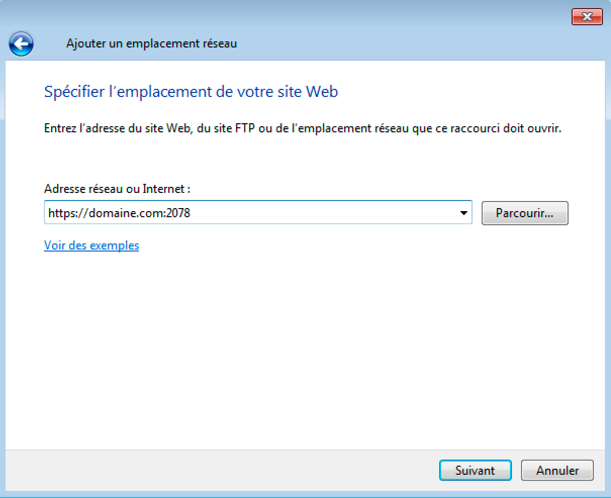 Configuration Web Disk sur Windows : URL du compte