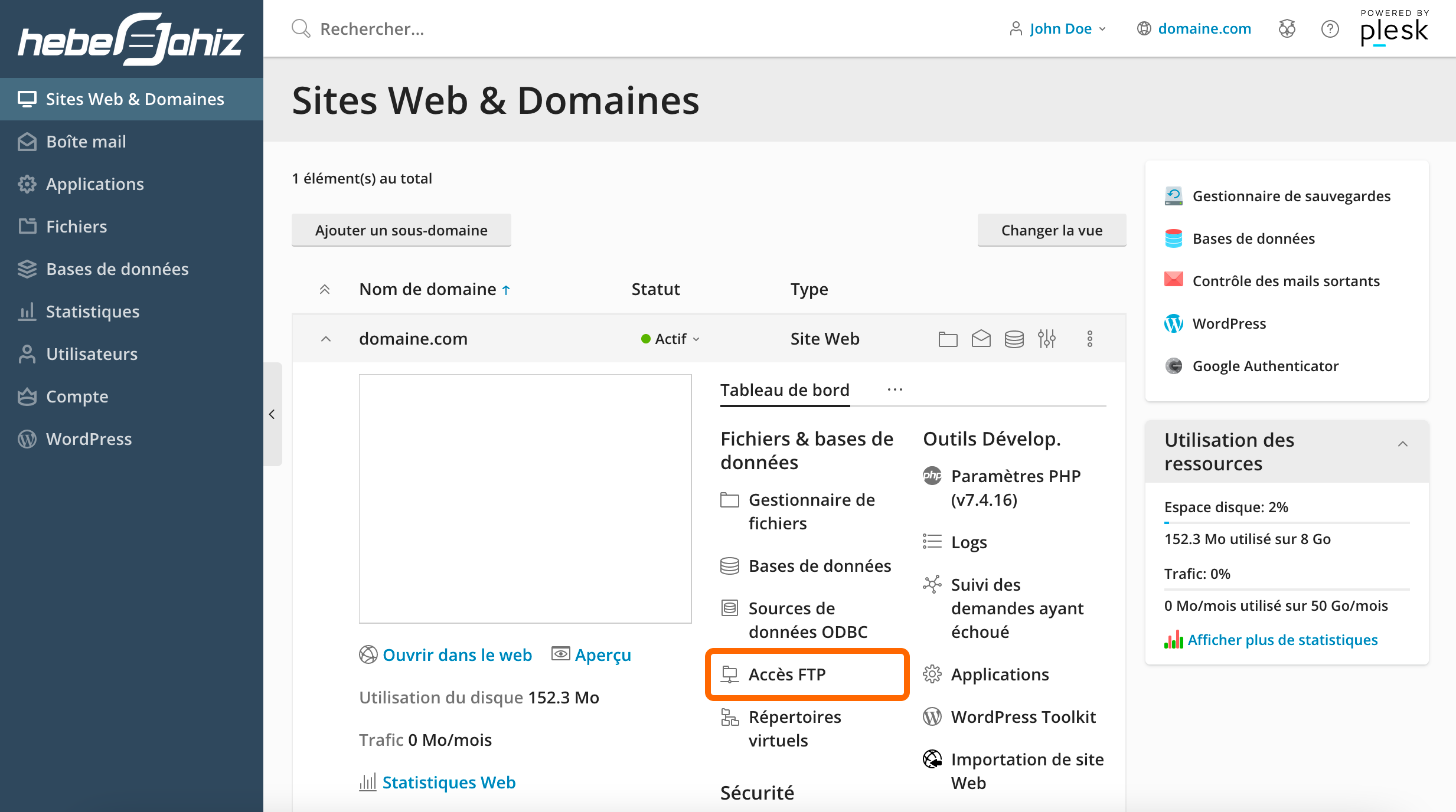 Plesk : FTP Access