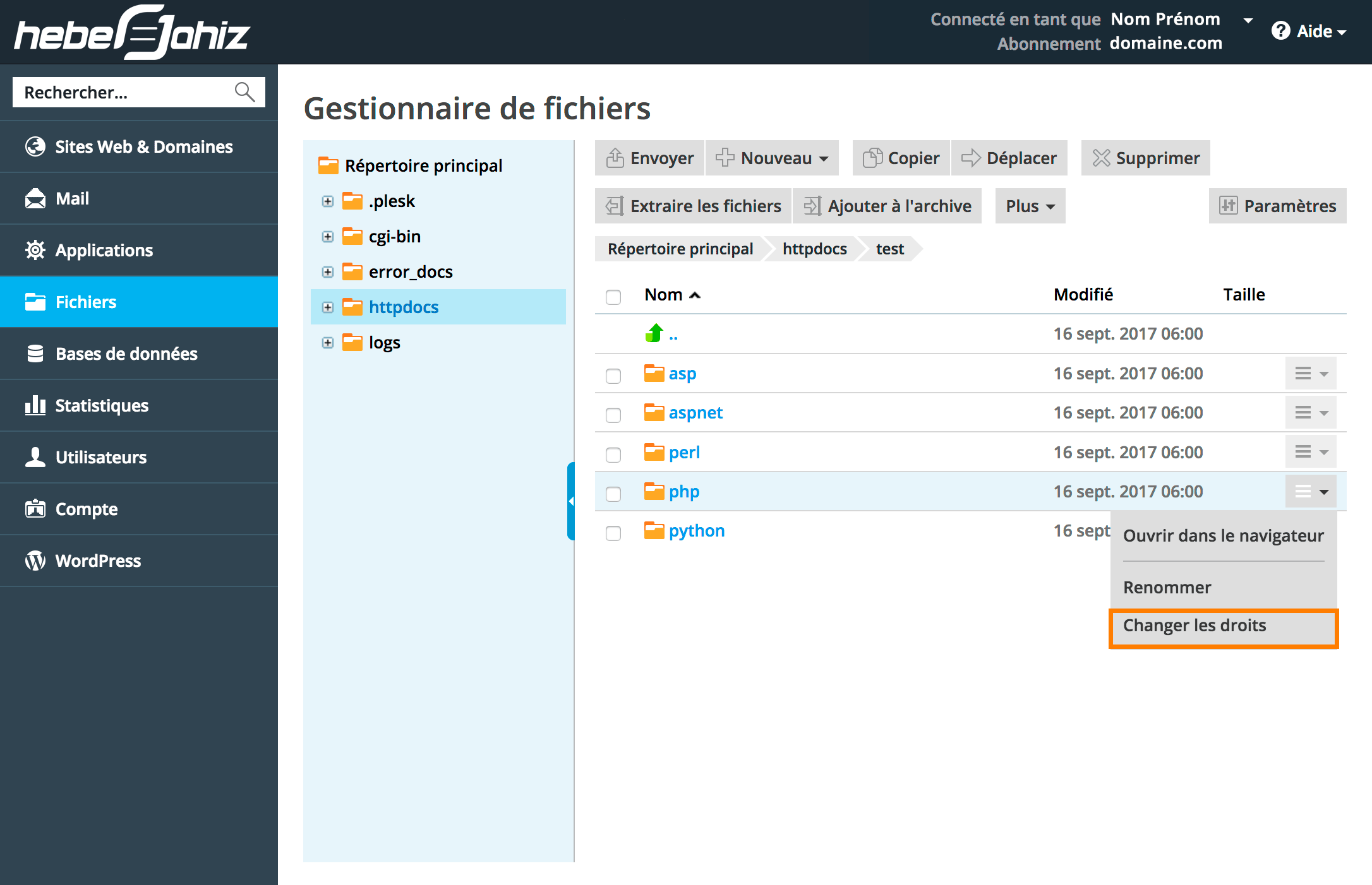 Plesk : Permissions fichiers