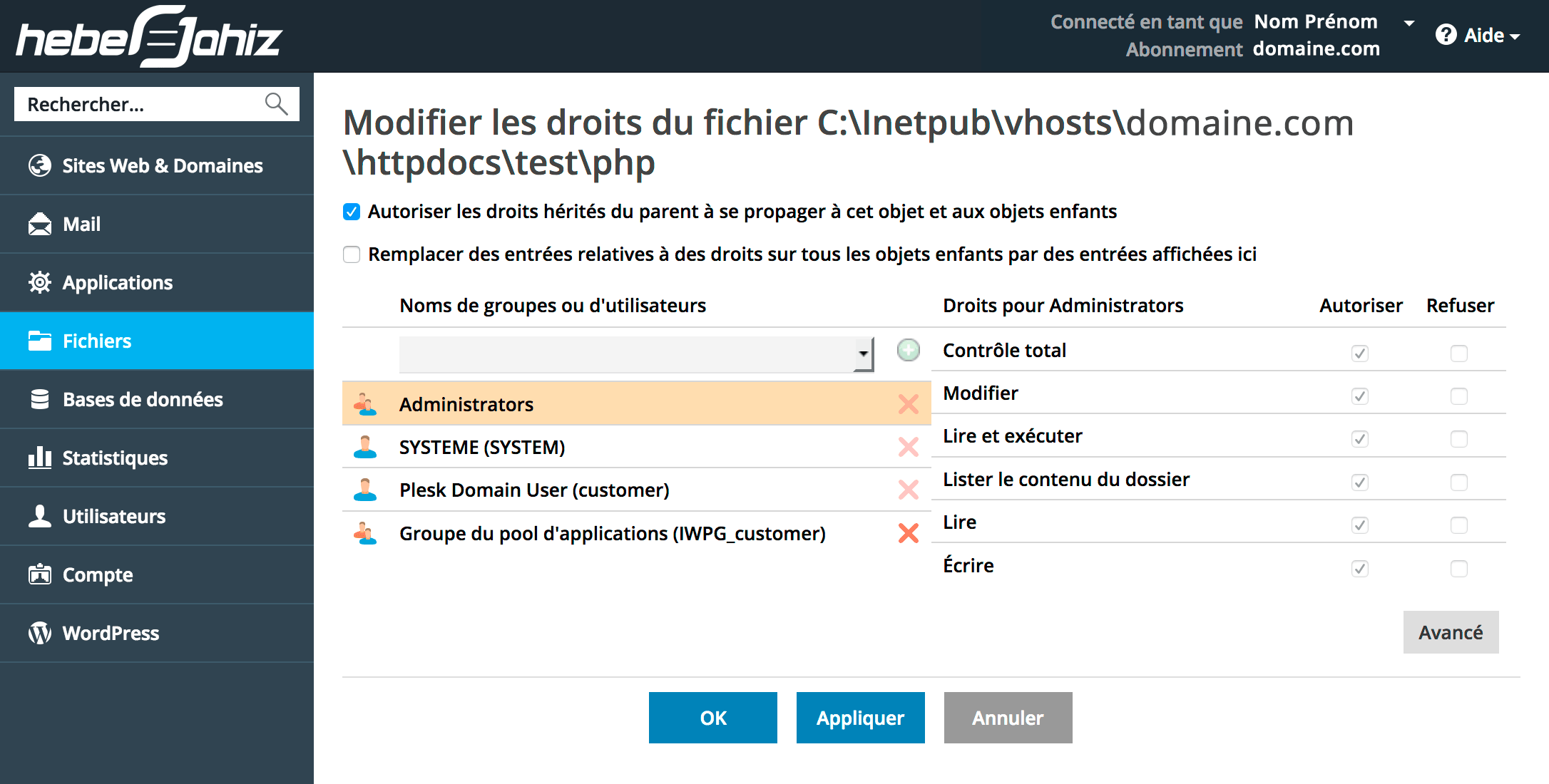 Plesk :  Modification des permissions de fichiers