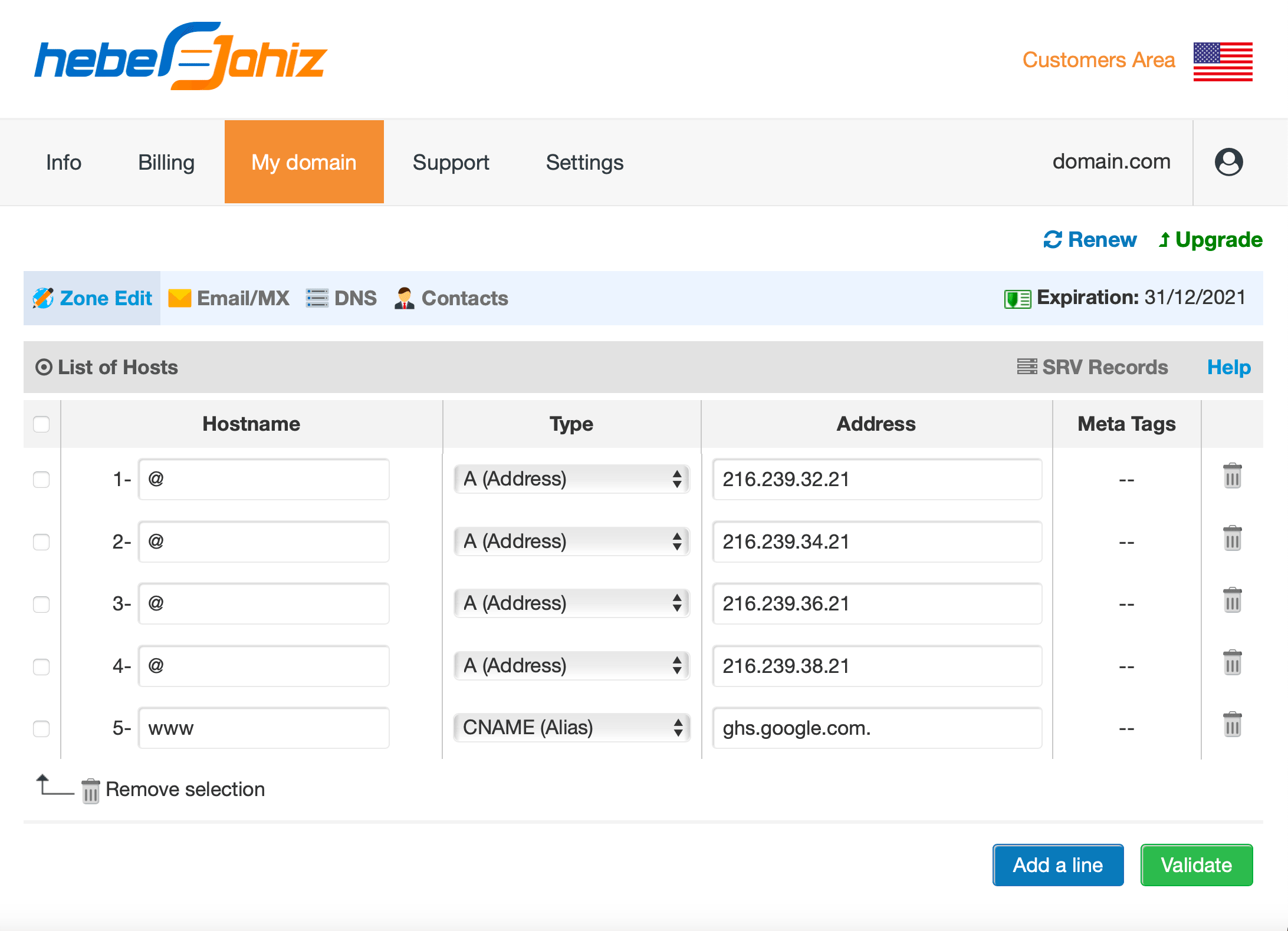 Customers Area : DNS Records for Blogger