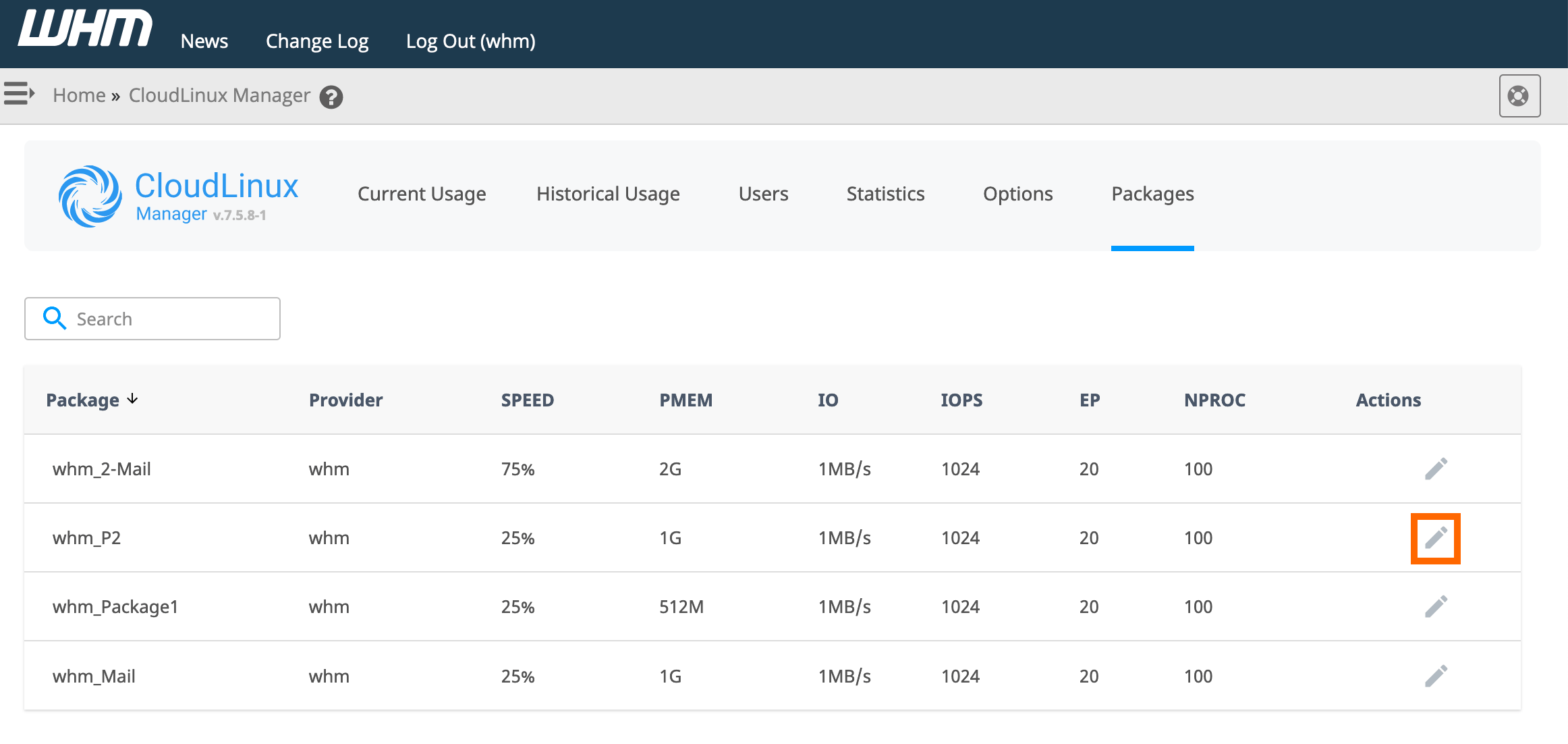WHM : LVE Manager - Modifier un package