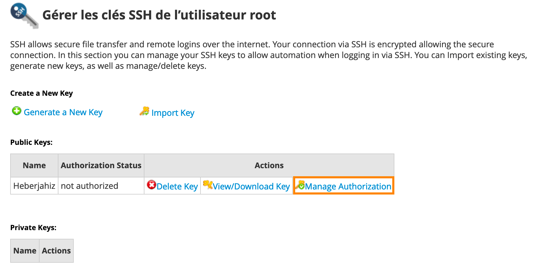 WHM : Gestion des clés SSH