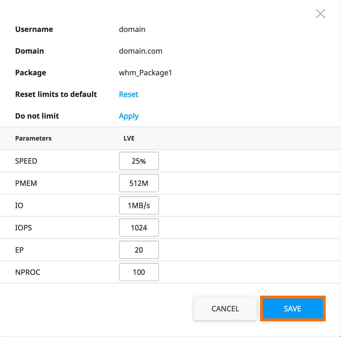 WHM : LVE Manager - Ressources Actuelles
