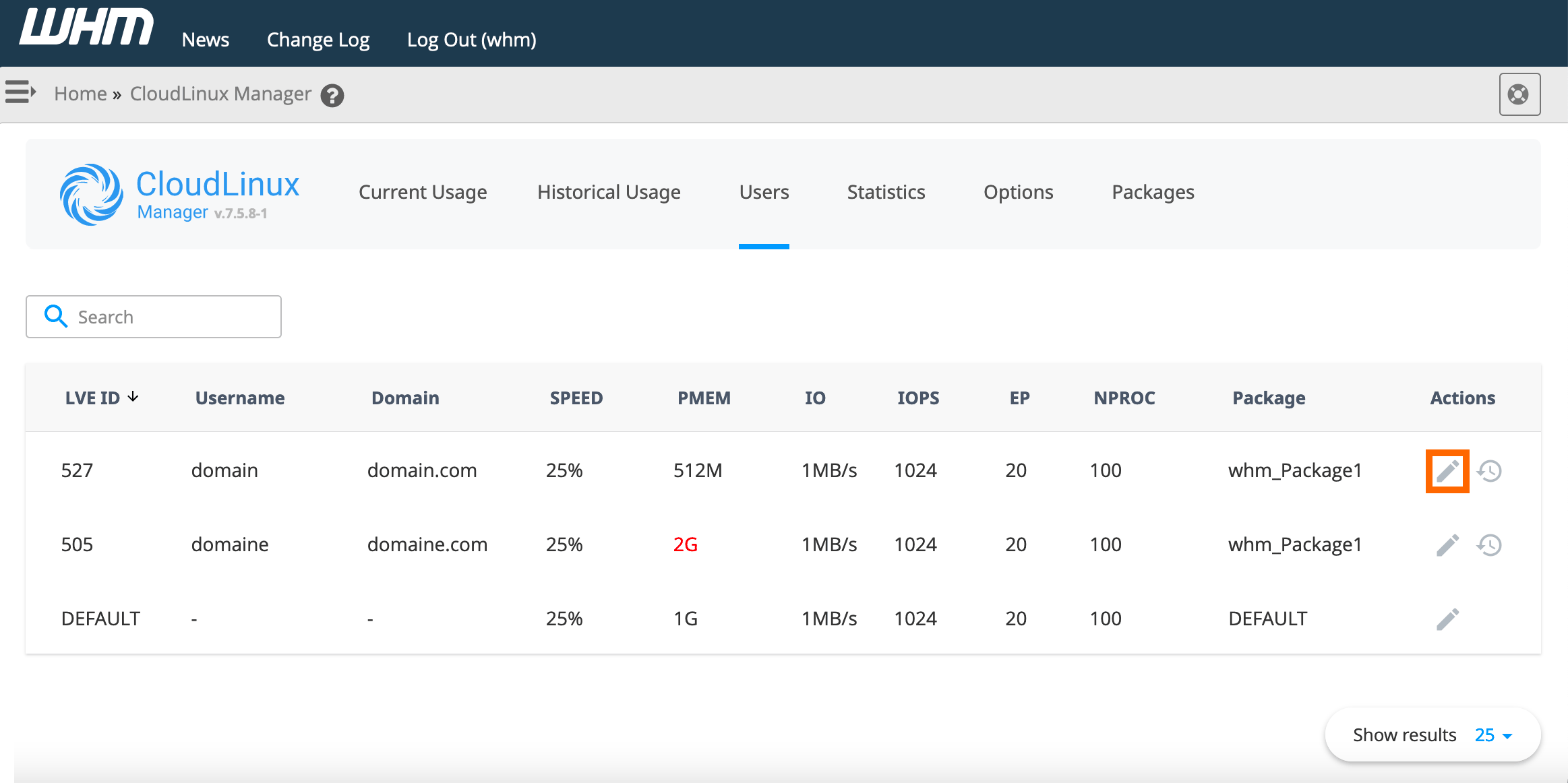 WHM : LVE Manager - Modifier ressources utilisateurs