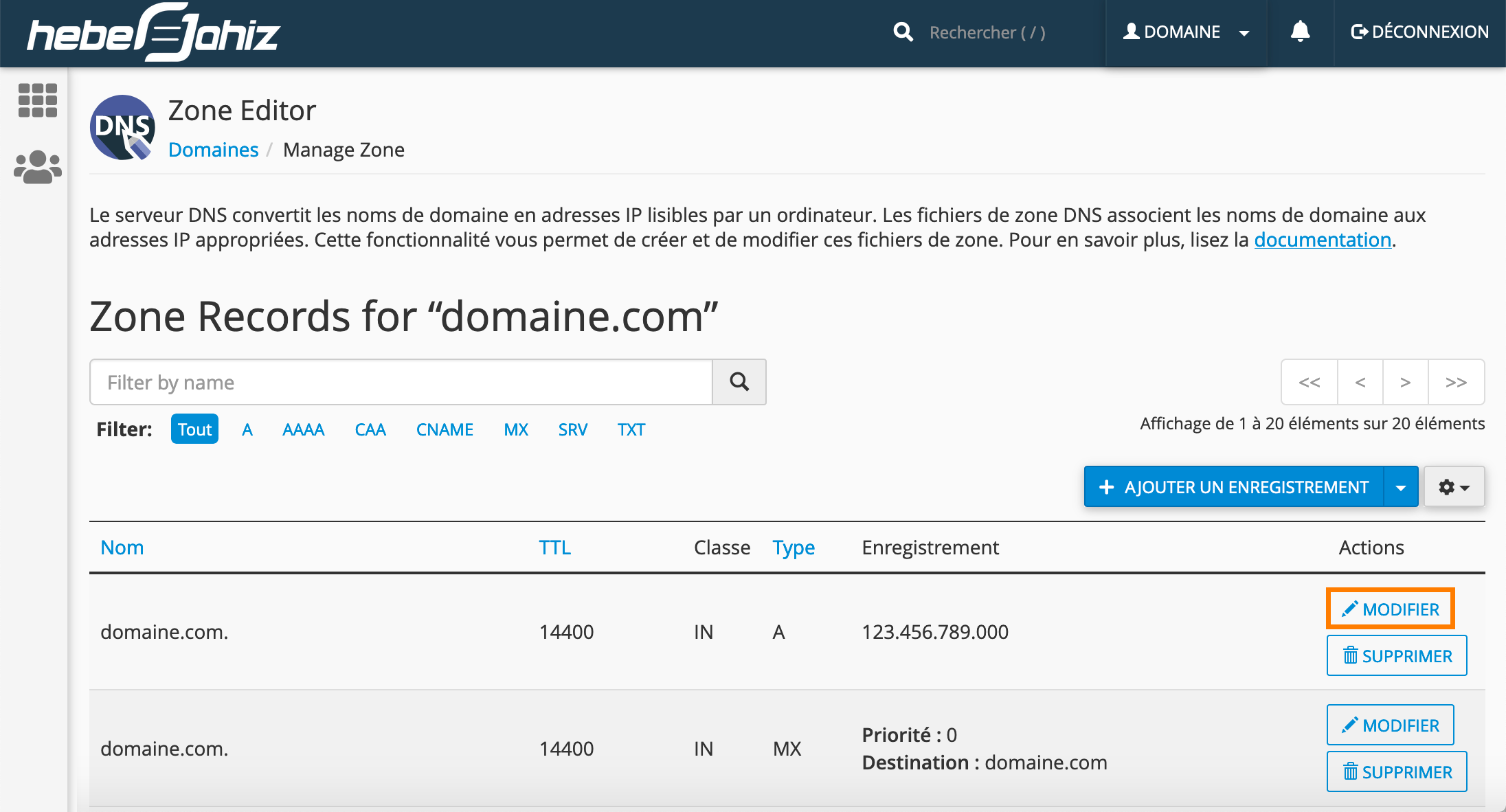 cPanel : Enregistrement DNS à modifier
