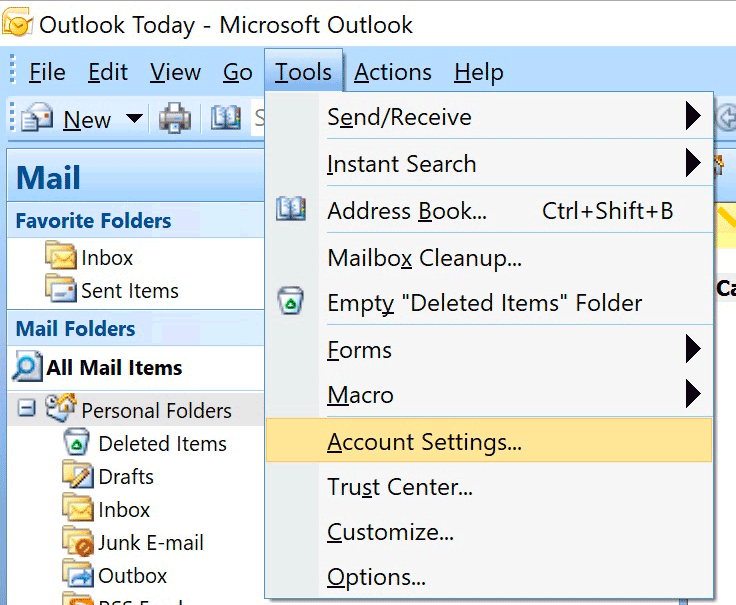 Windows : Outlook 2007 - Tools > Accounts