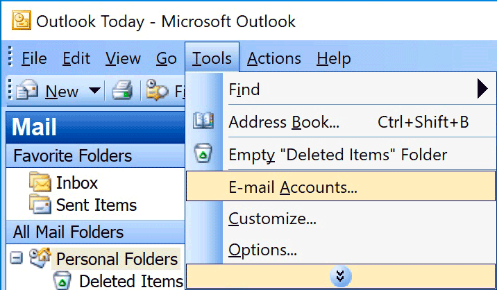 Windows : Outlook 2003 - Tools > Accounts