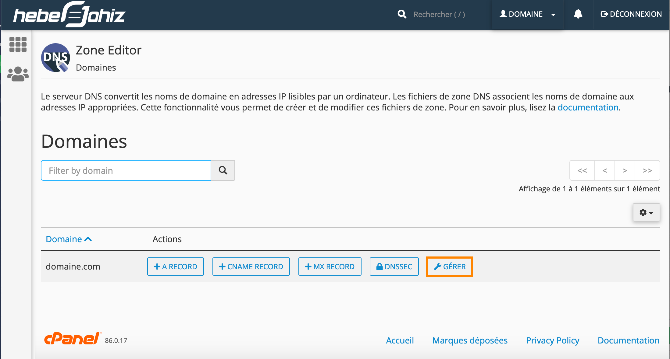 cPanel : Gestion Zone DNS