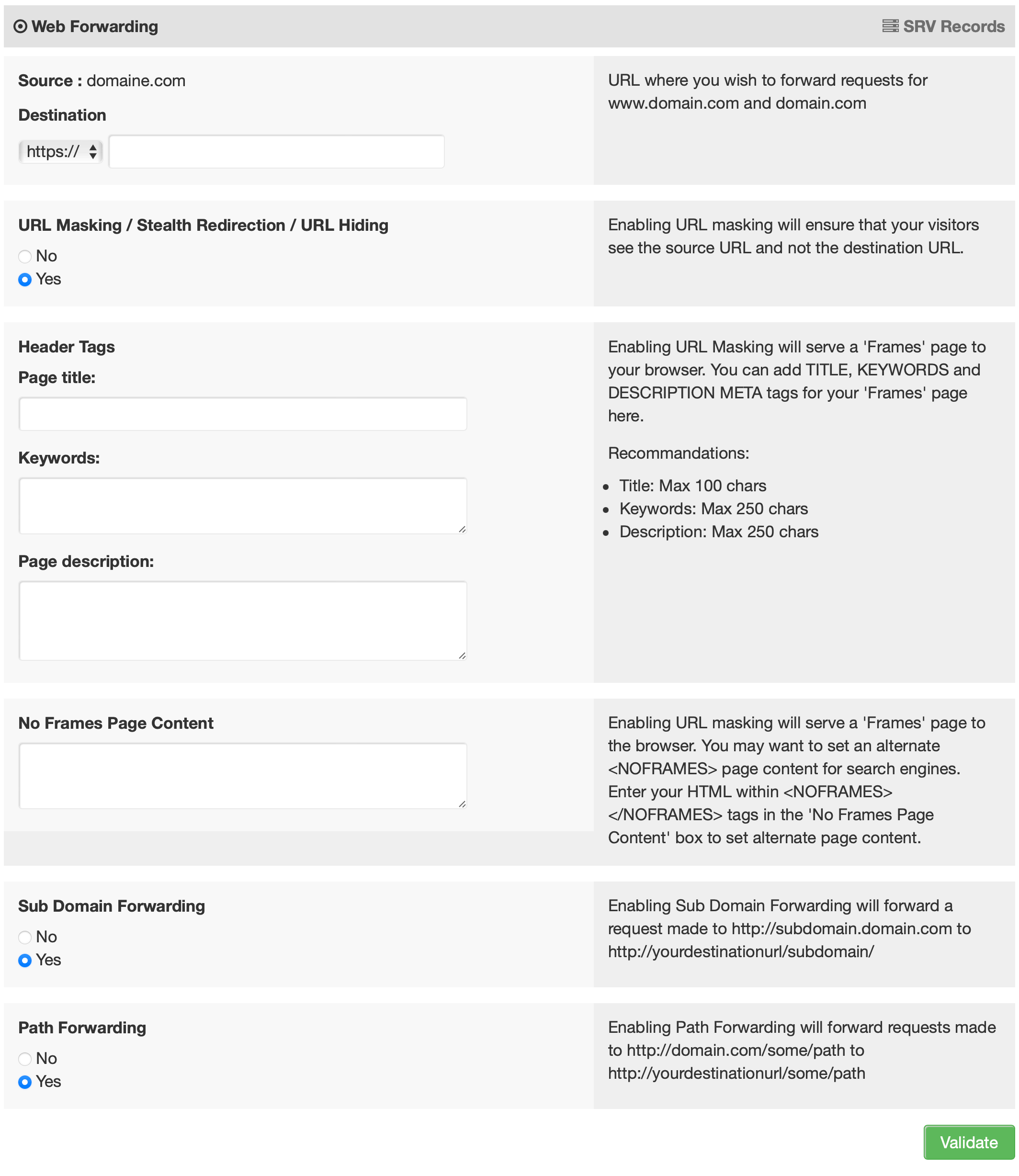 Customers Area : Web Forwarding