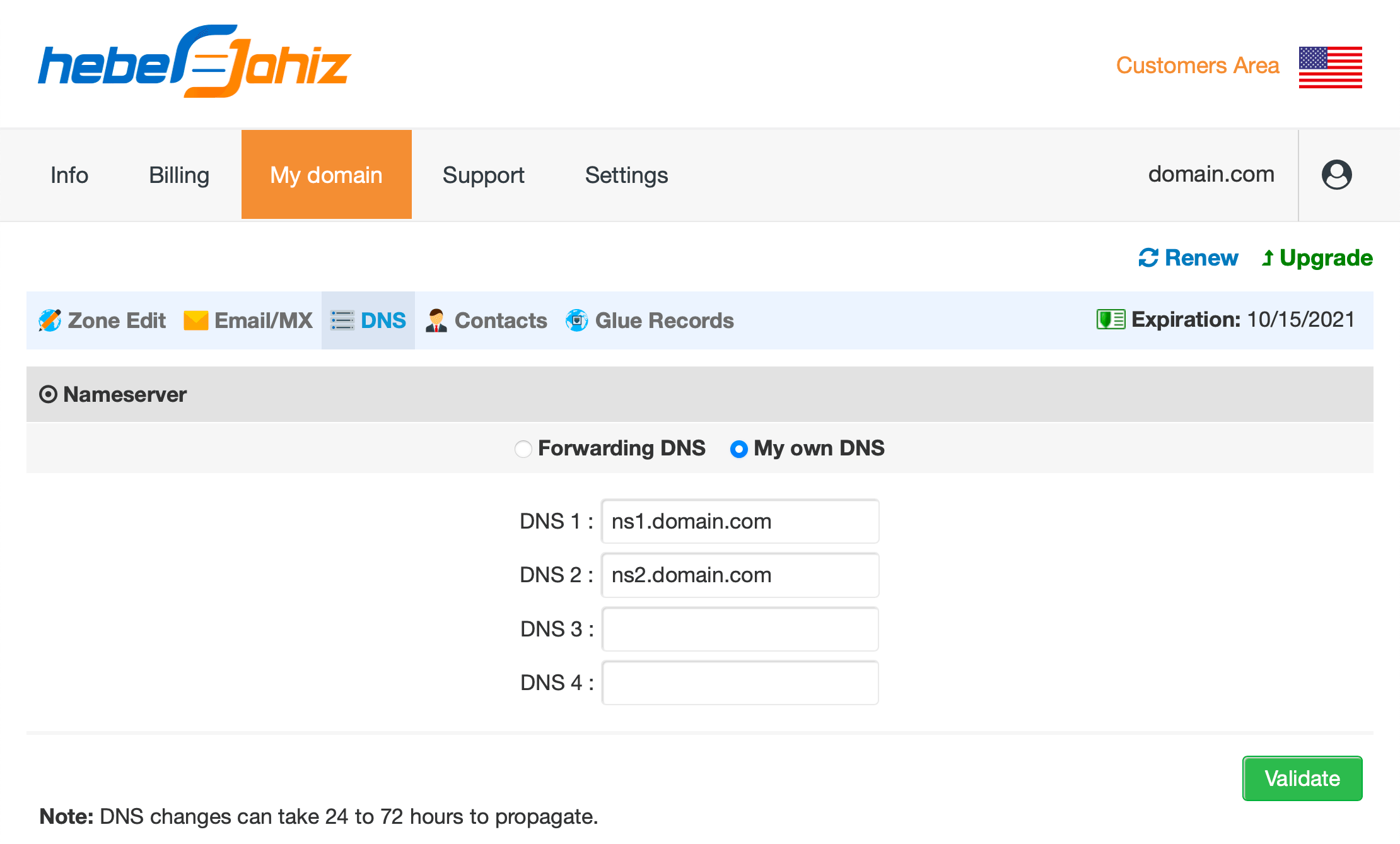 Customer Area : My own DNS