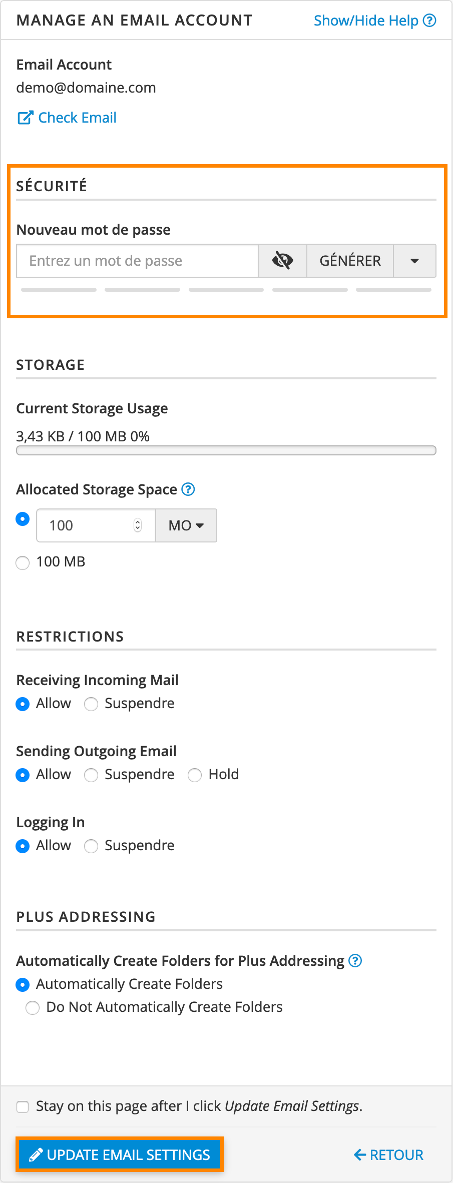 cPanel :  Définir un nouveau mot de passe