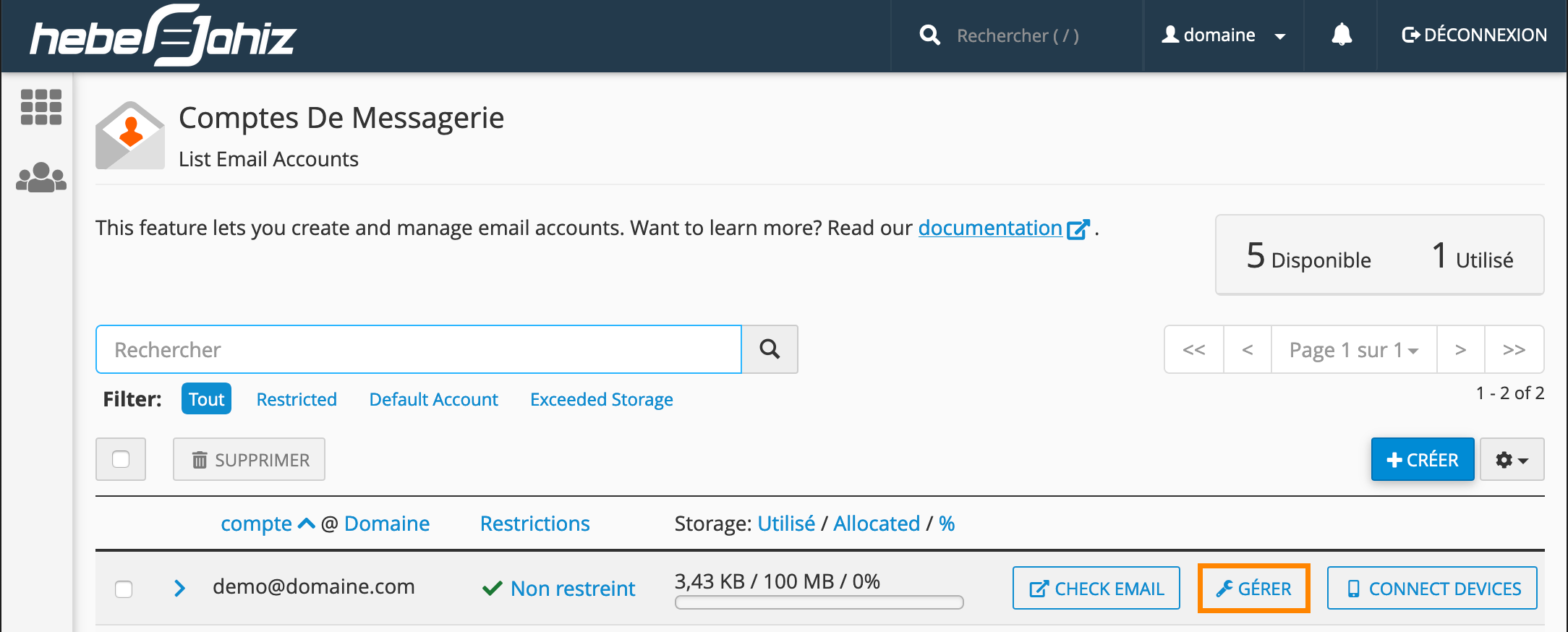 cPanel : Gérer un compte de messagerie