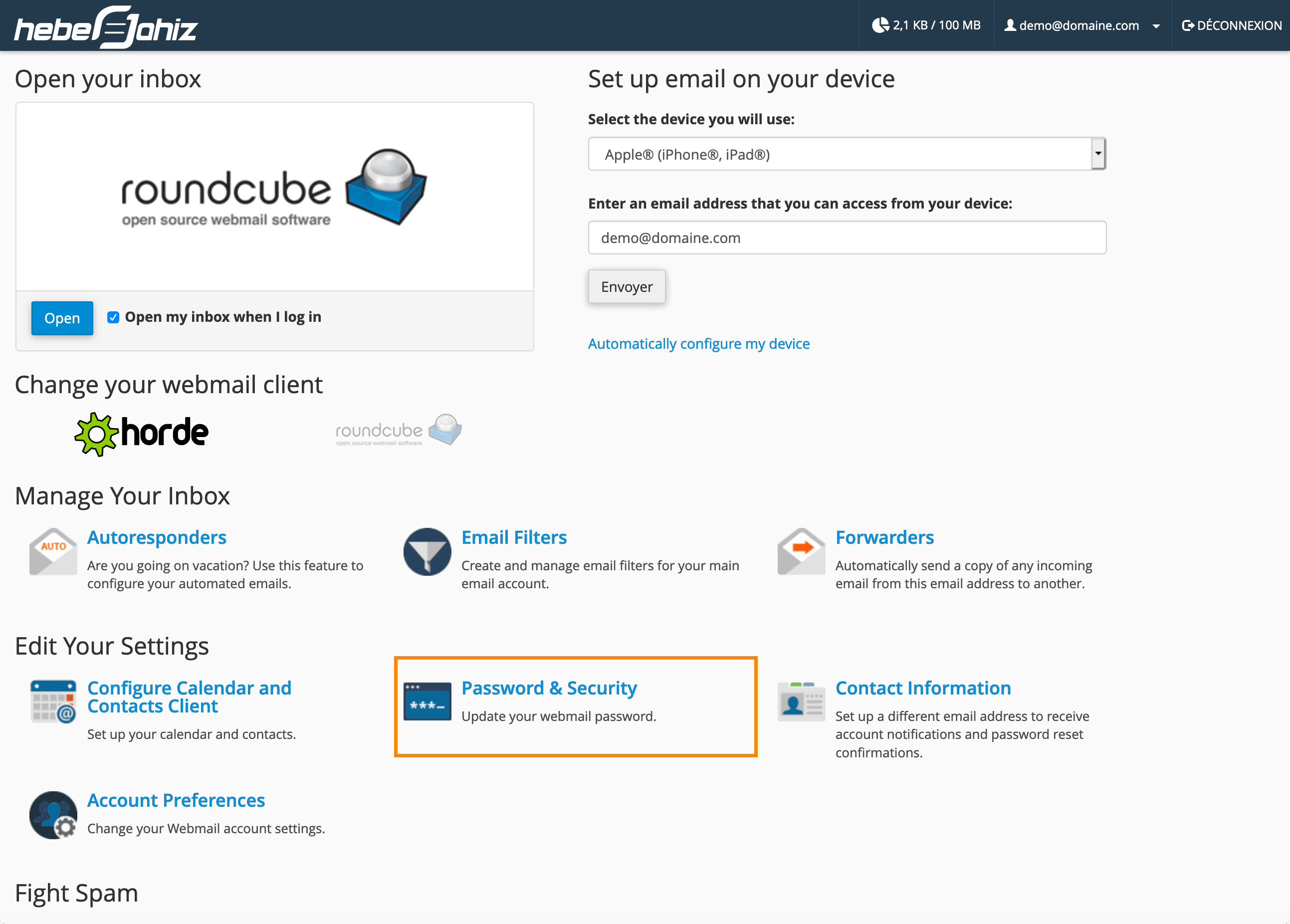 cPanel : Webmail - Password & Security