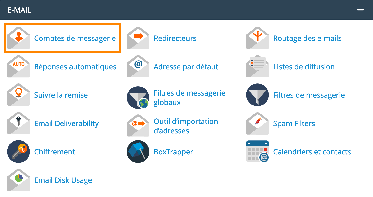 cPanel : Comptes de messagerie