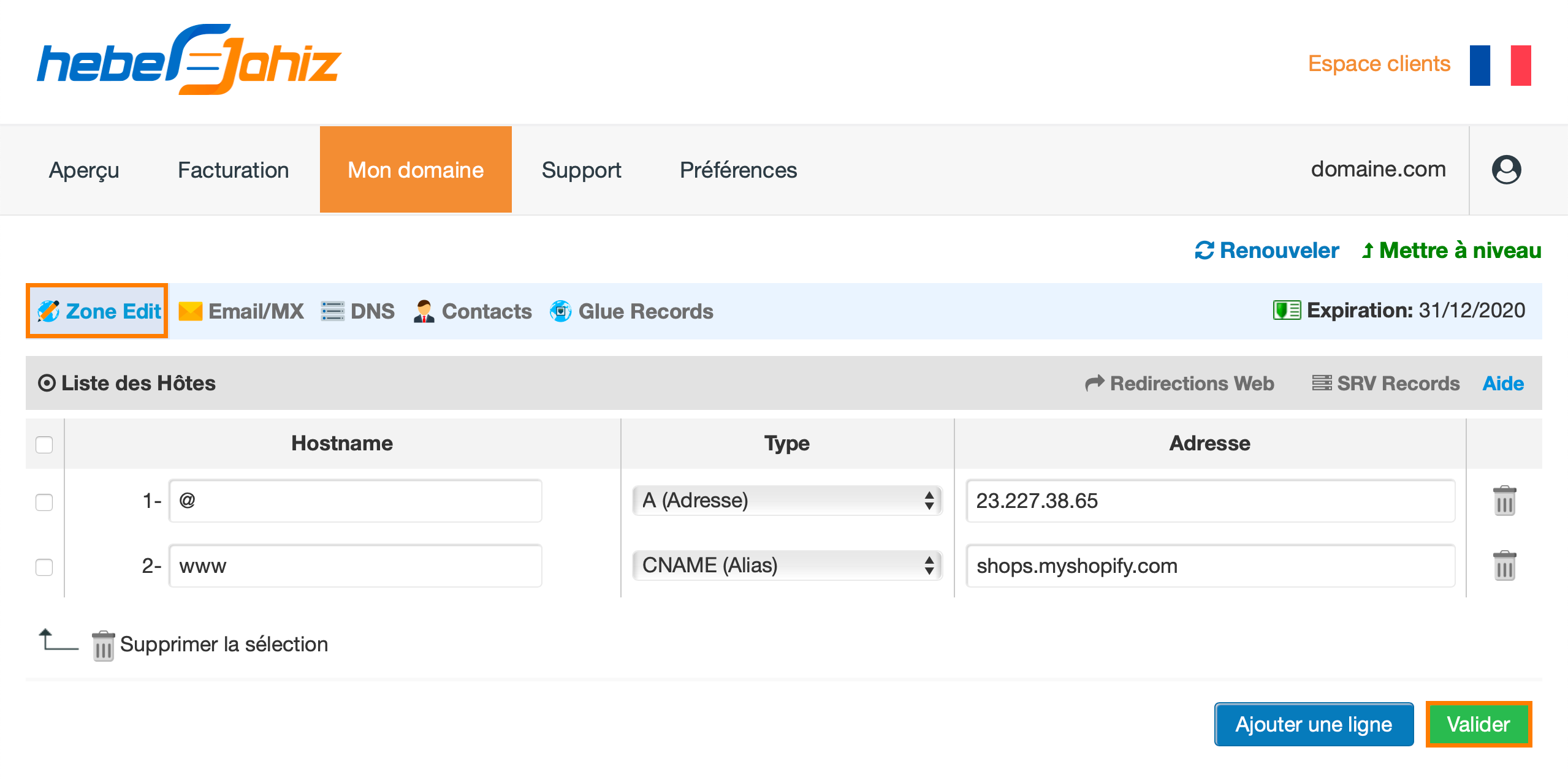 Espace Clients: Liaison Shopify
