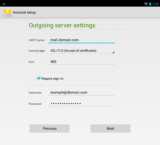Android 4 : Outgoing Server Settings