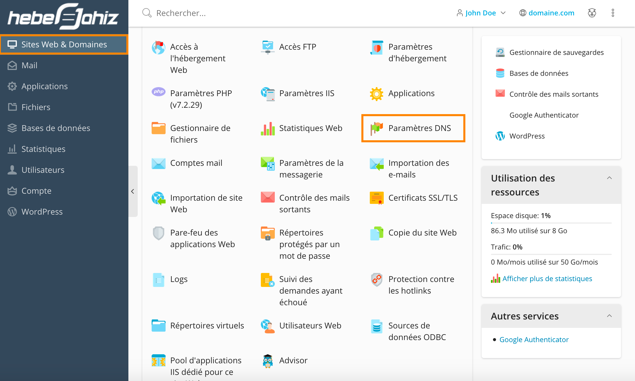 Plesk : Paramètres DNS