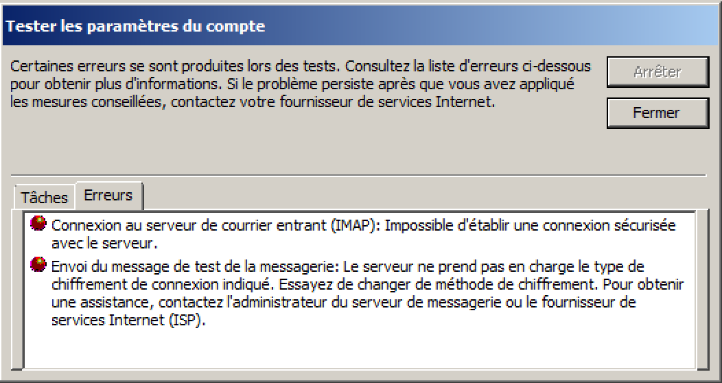 Windows 7 : Erreur Outlook - TLS non pris en charge
