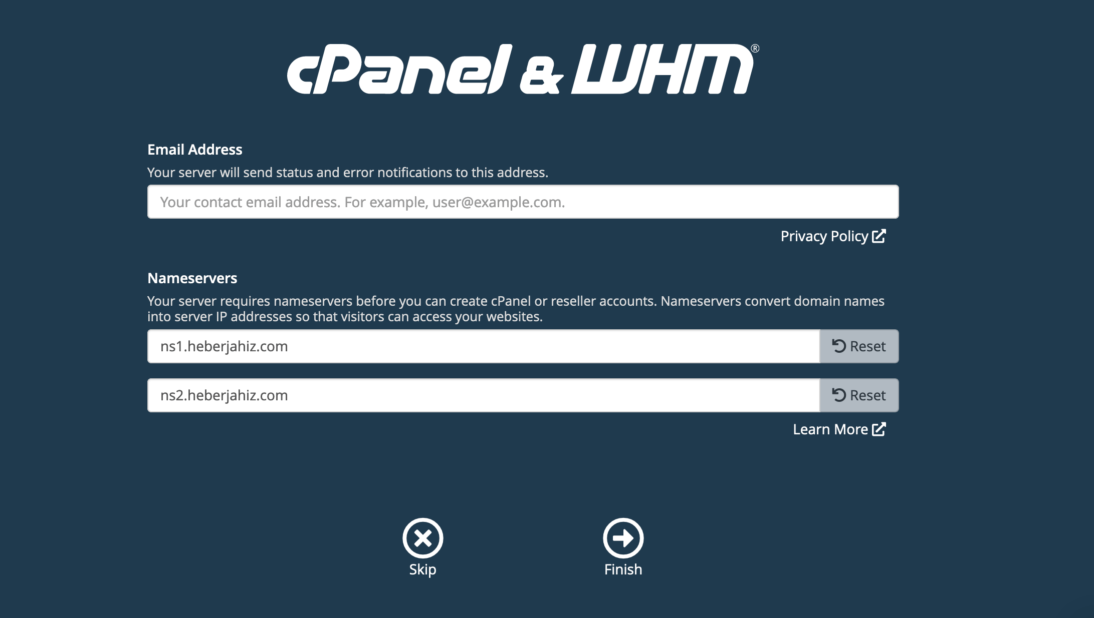 WHM - Email Contact & Nameservers