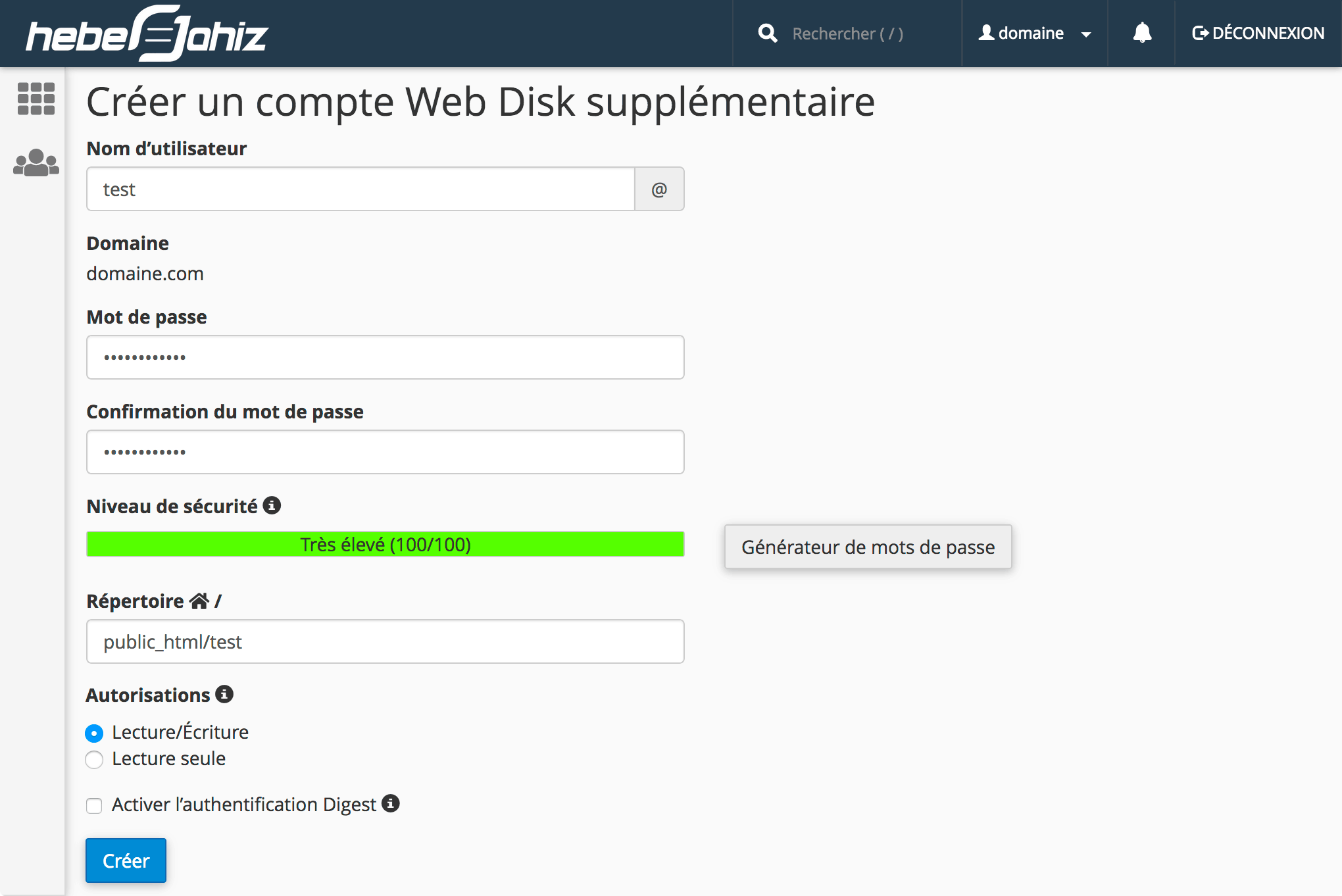 cPanel: Ajouter un compte supplémentaire Web Disk