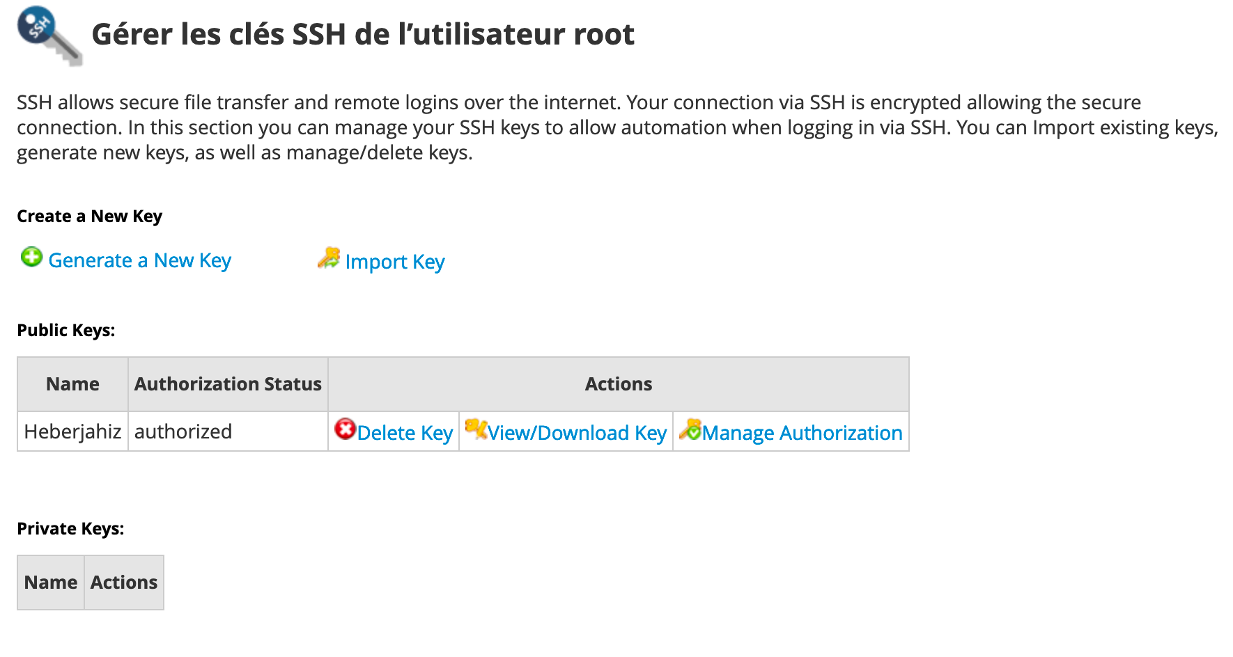 WHM : SSH Key Status