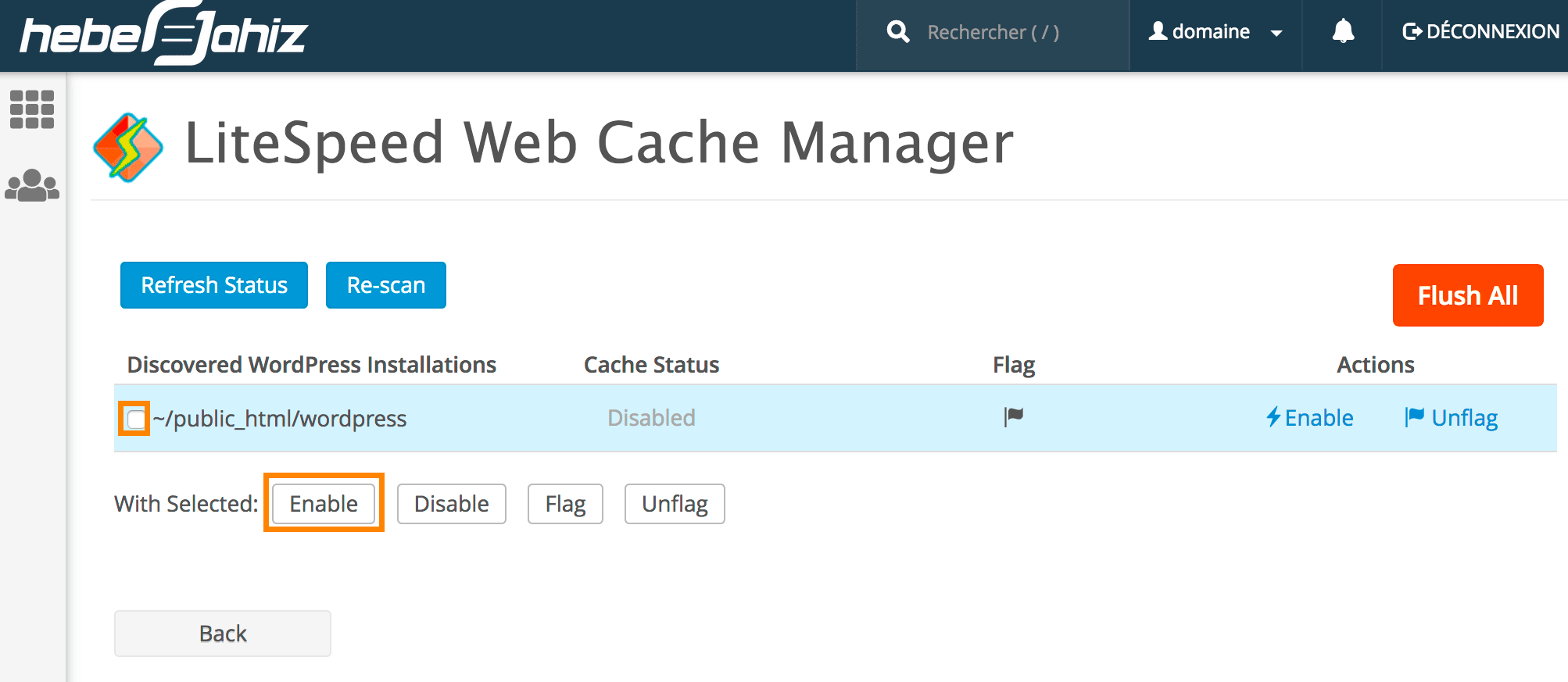 cPanel : LiteSpeed Web Cache - Activation