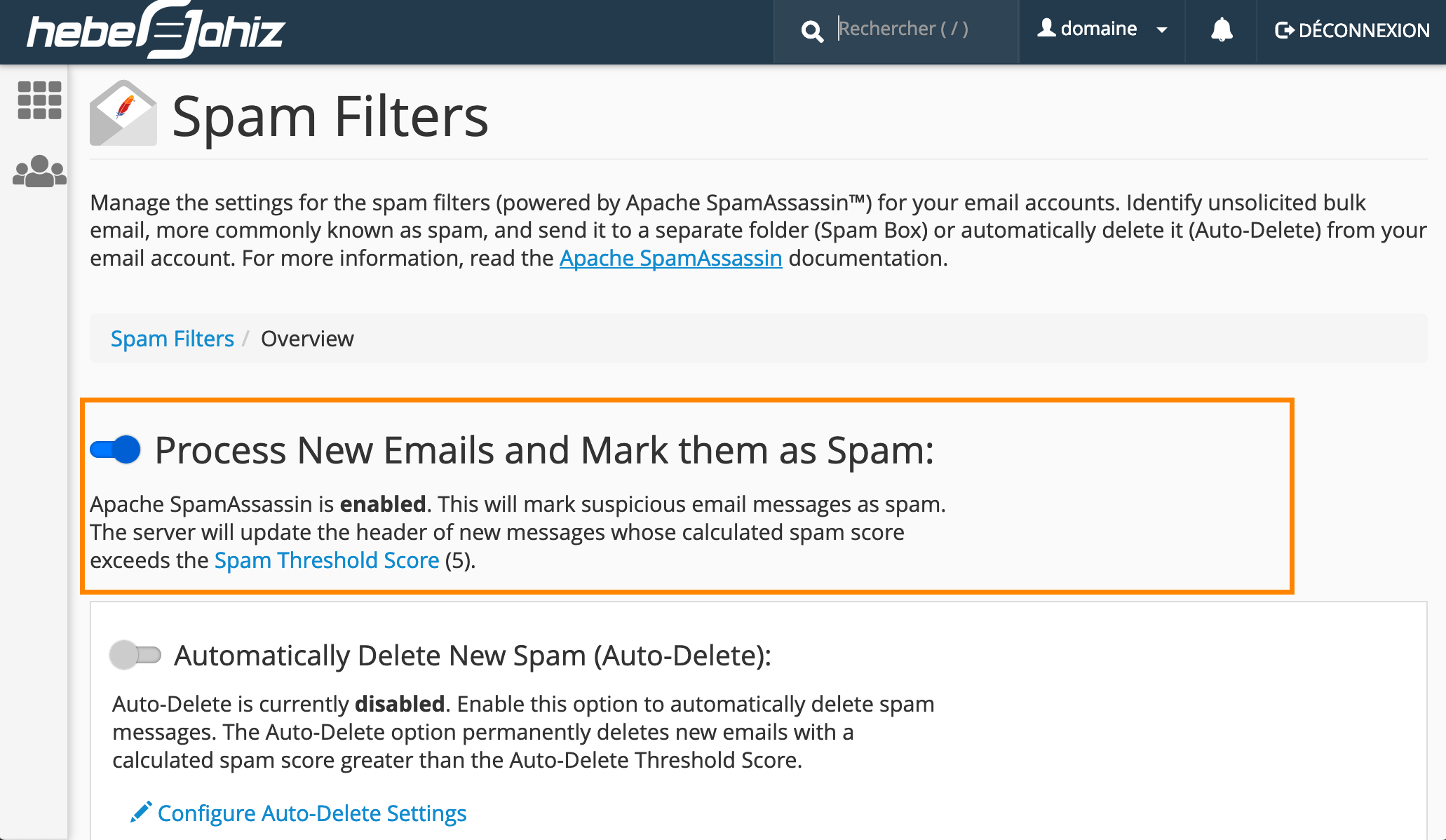 cPanel : Activation du Spam Filters