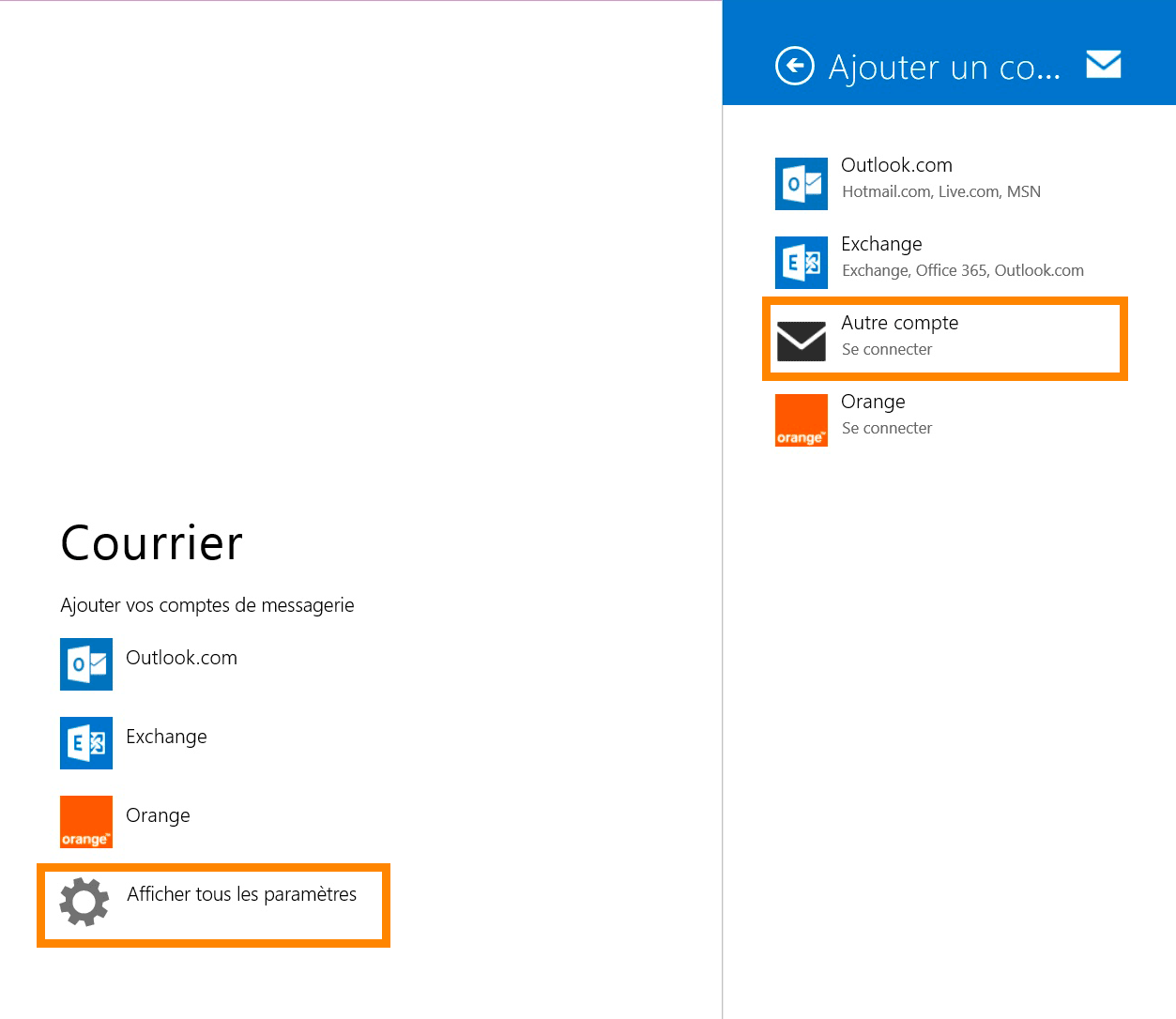 Windows 8 Courrier : Type de compte