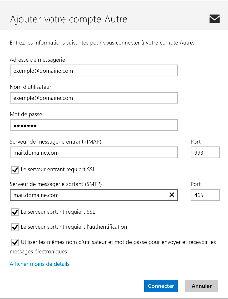 Windows 8 Courrier : Paramètres du compte