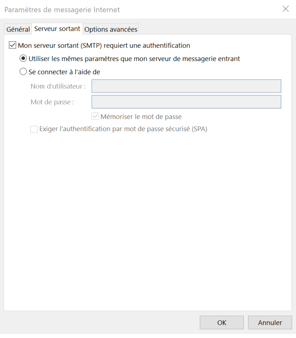 Outlook 2013 : Authentification SMTP