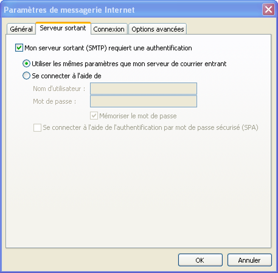 Outlook 2003 : Authentification SMTP